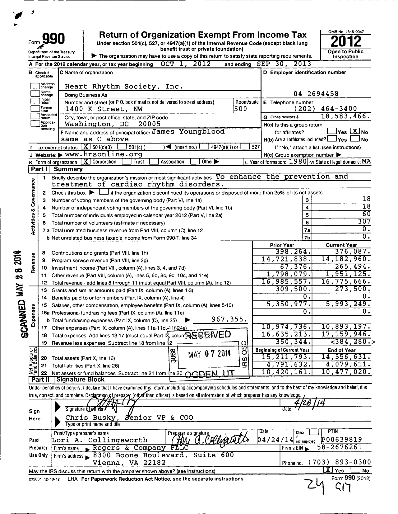 Image of first page of 2012 Form 990 for Heart Rhythm Society (HRS)
