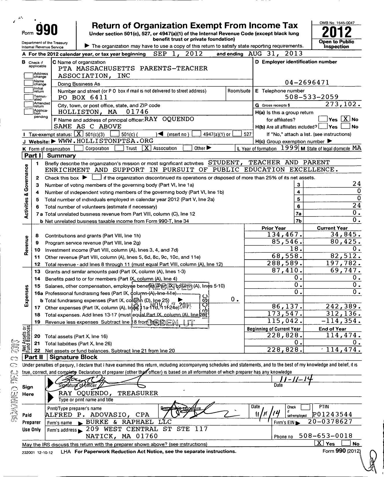 Image of first page of 2012 Form 990 for PTA Massachusetts Parents-Teacher Association / Holliston PTA