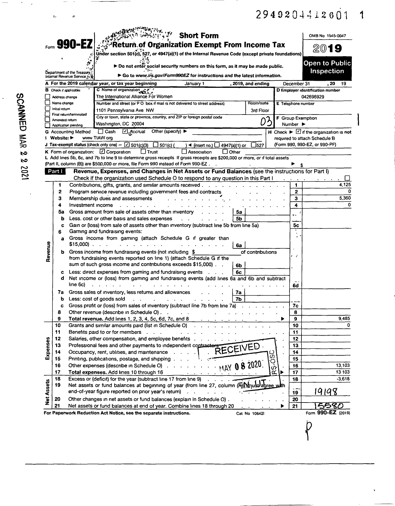 Image of first page of 2019 Form 990EZ for The International Alliance for Women