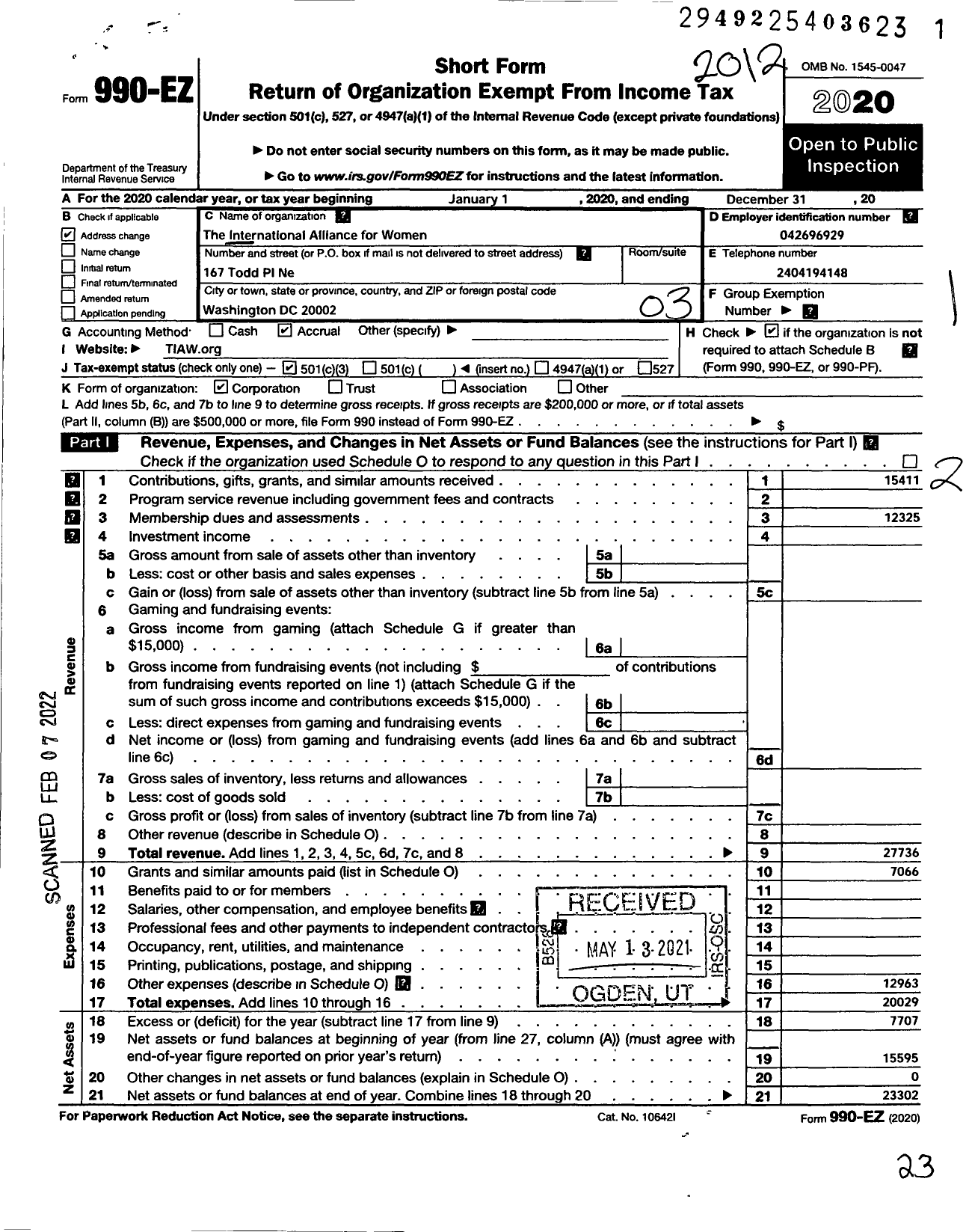 Image of first page of 2020 Form 990EZ for The International Alliance for Women