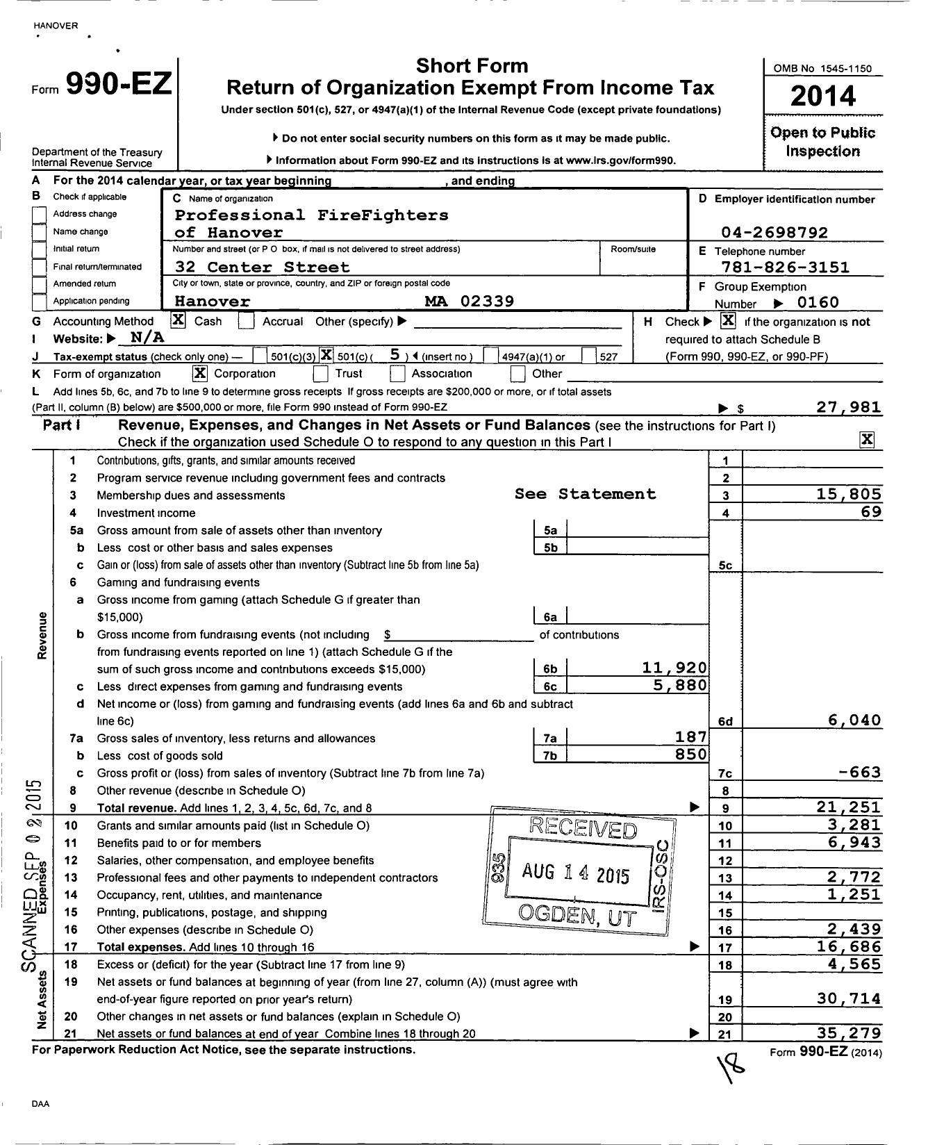 Image of first page of 2014 Form 990EO for International Association of Fire Fighters - L2726 Prof Firefighters of Hanover