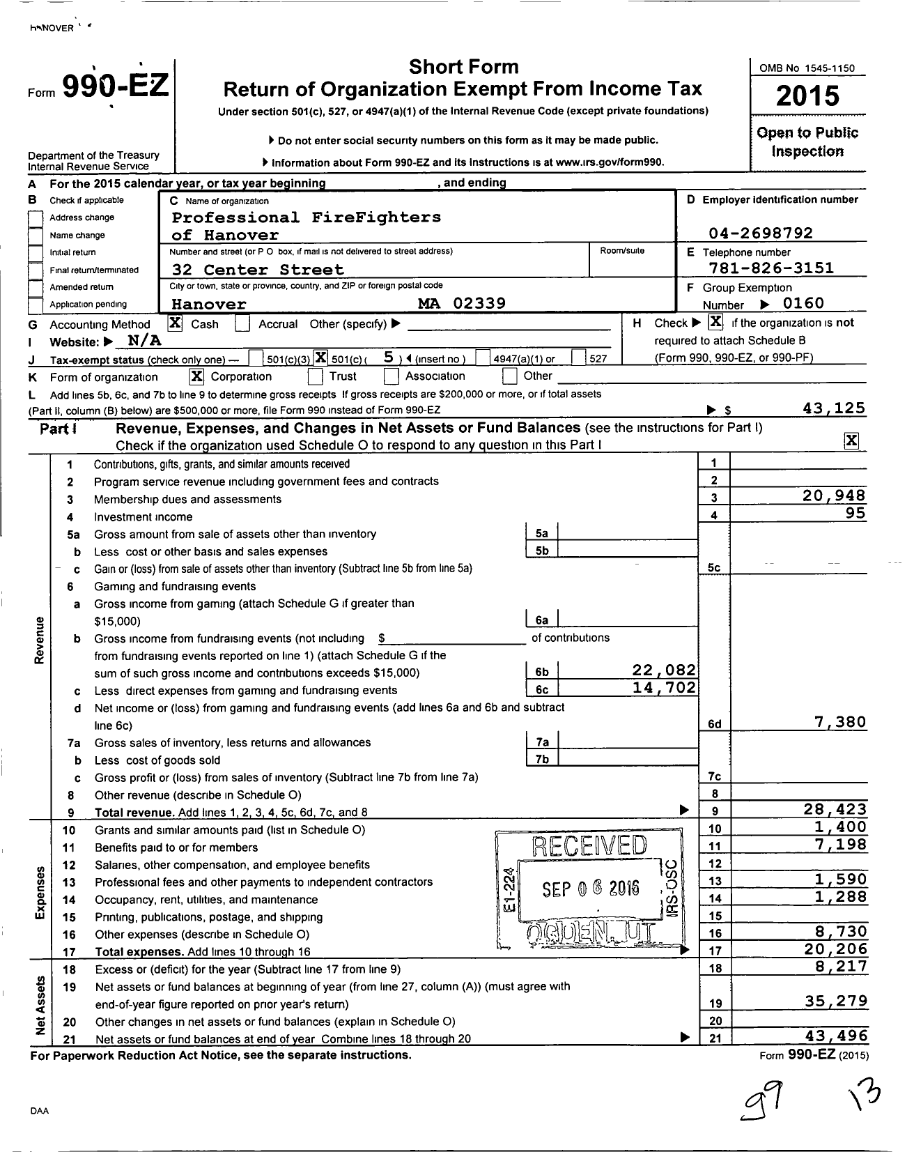 Image of first page of 2015 Form 990EO for International Association of Fire Fighters - L2726 Prof Firefighters of Hanover