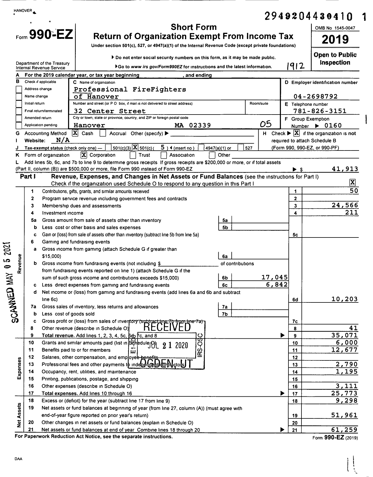 Image of first page of 2019 Form 990EO for International Association of Fire Fighters - L2726 Prof Firefighters of Hanover