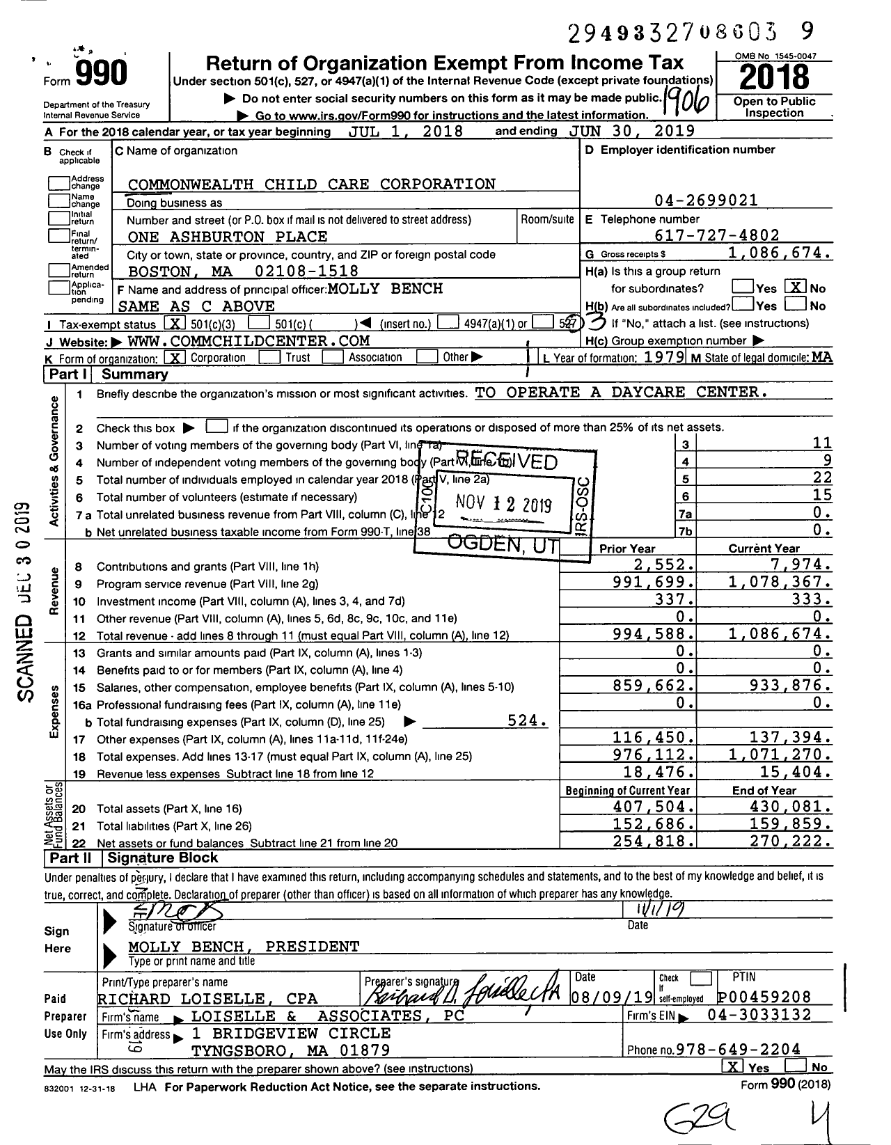 Image of first page of 2018 Form 990 for Commonwealth Child Care Corporation