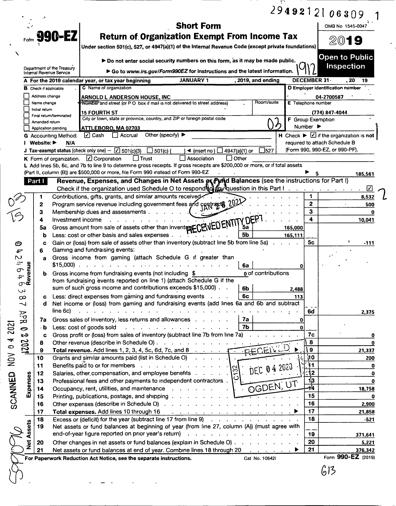 Image of first page of 2019 Form 990EZ for Arnold L Anderson House