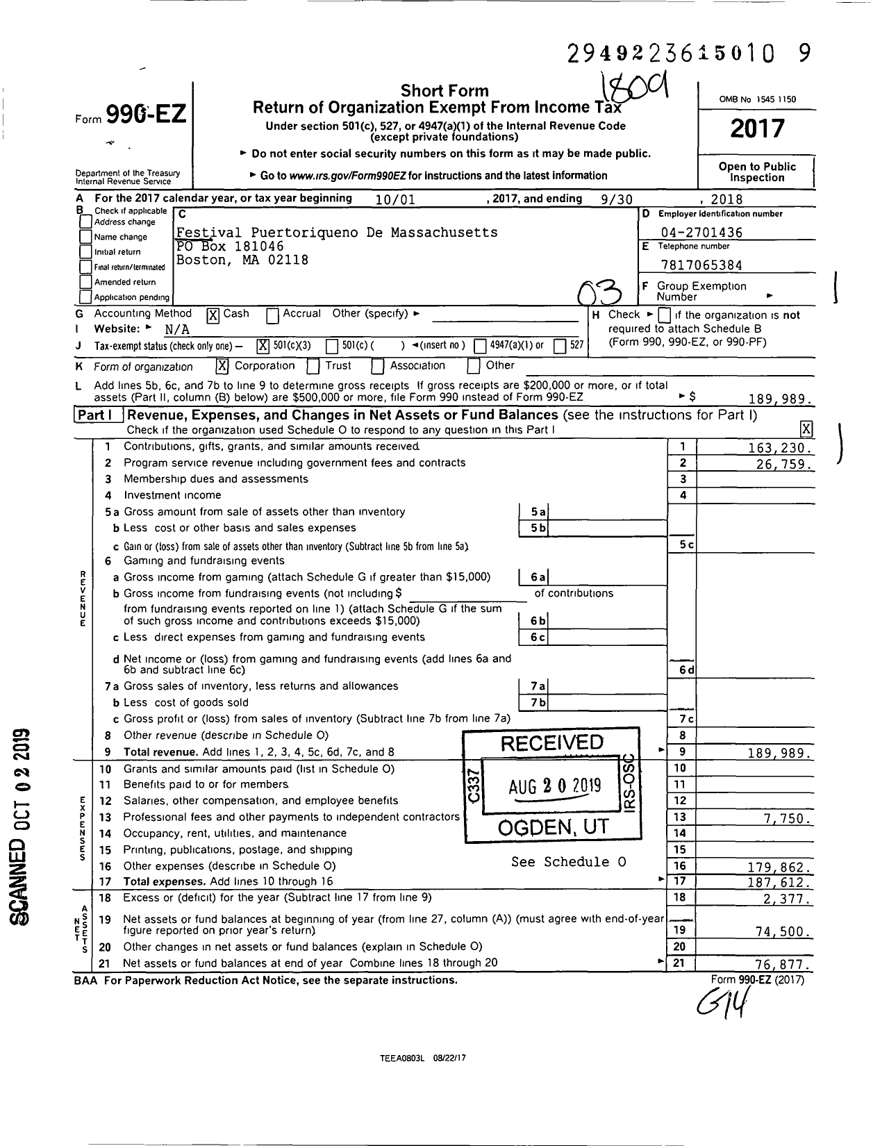 Image of first page of 2017 Form 990EZ for Festival Puertorriqueno De Massachusetts