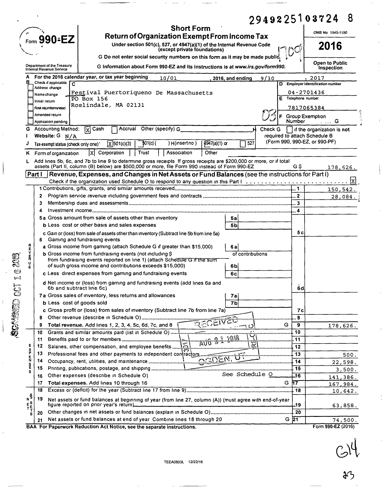 Image of first page of 2016 Form 990EZ for Festival Puertorriqueno De Massachusetts