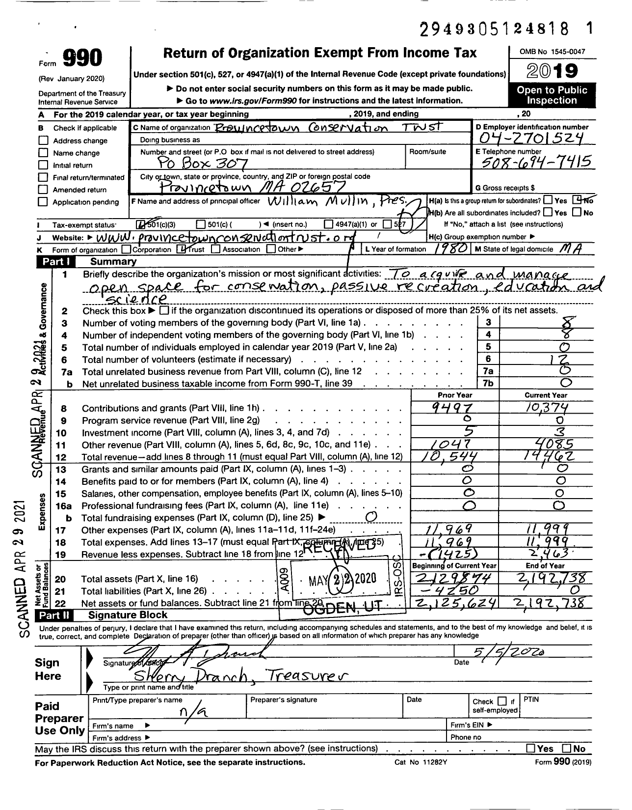 Image of first page of 2019 Form 990 for Provincetown Conservation Trust