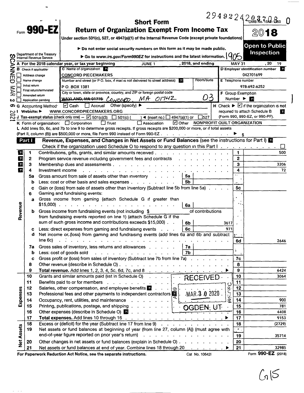 Image of first page of 2018 Form 990EZ for Concord Piecemakers