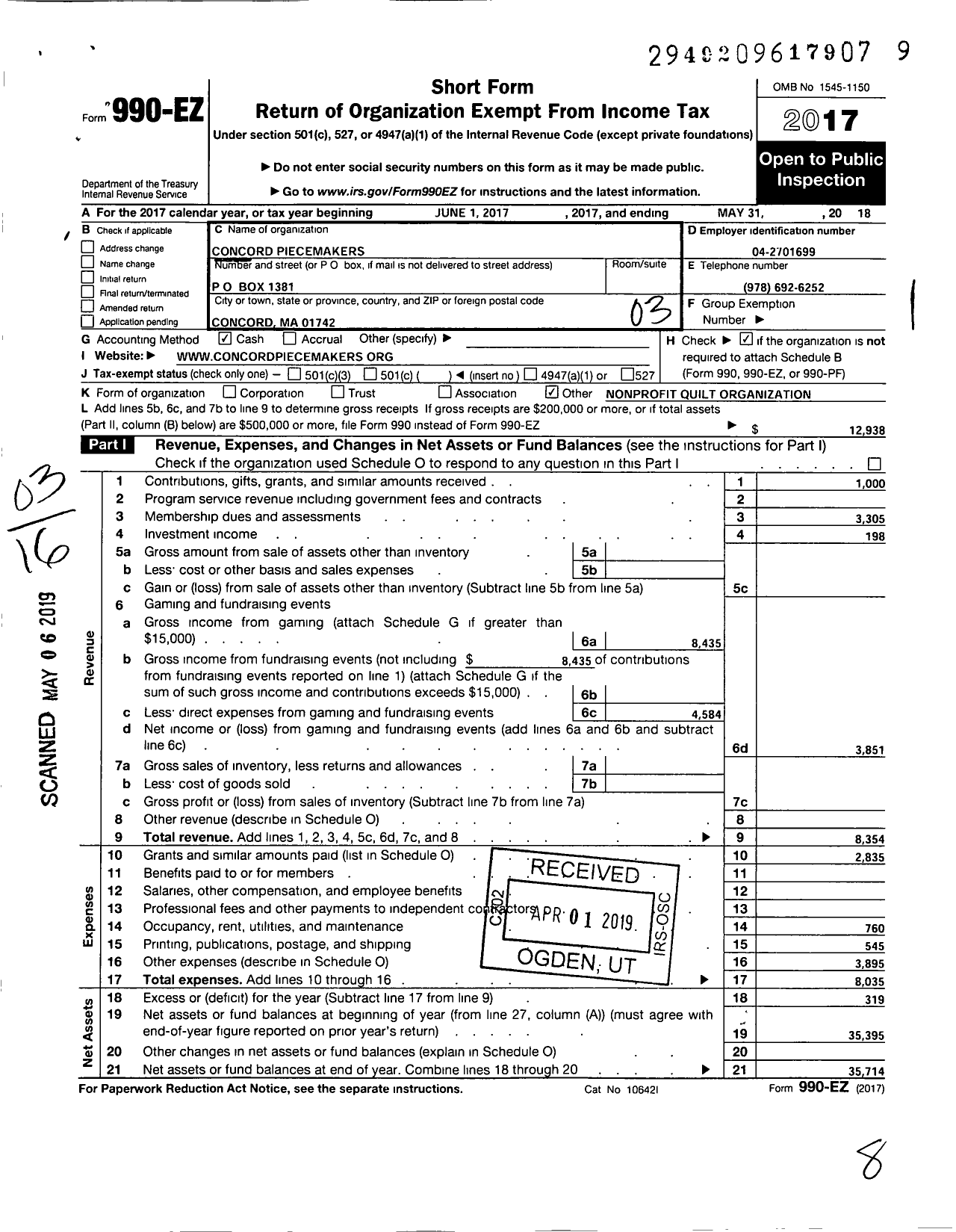 Image of first page of 2017 Form 990EZ for Concord Piecemakers