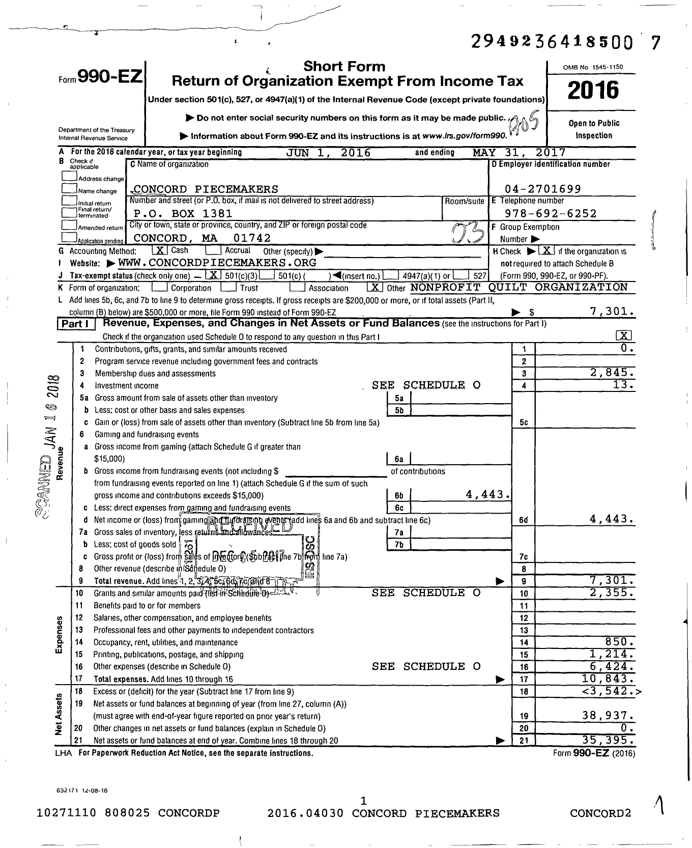 Image of first page of 2016 Form 990EZ for Concord Piecemakers