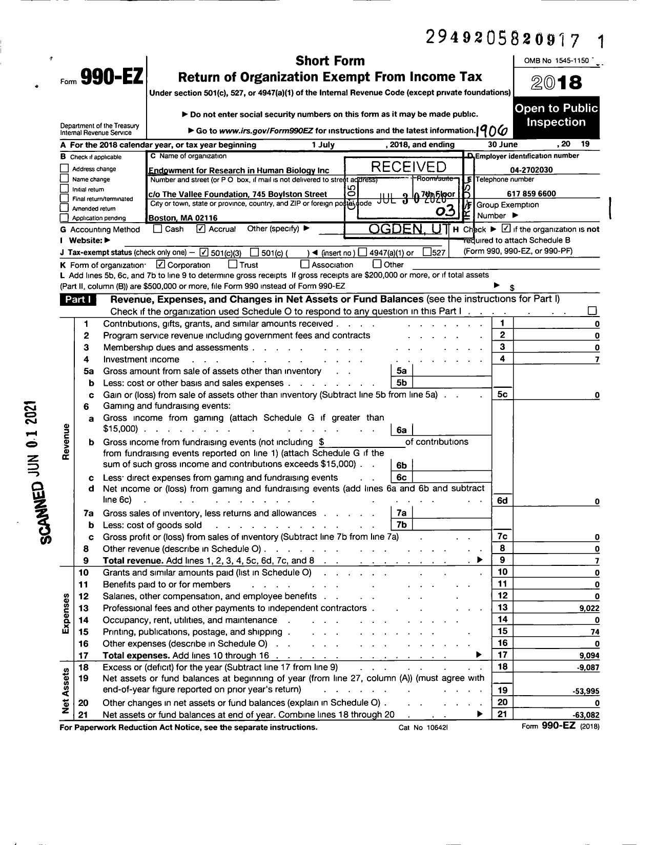 Image of first page of 2018 Form 990EZ for Endowment for Research in Human Biology