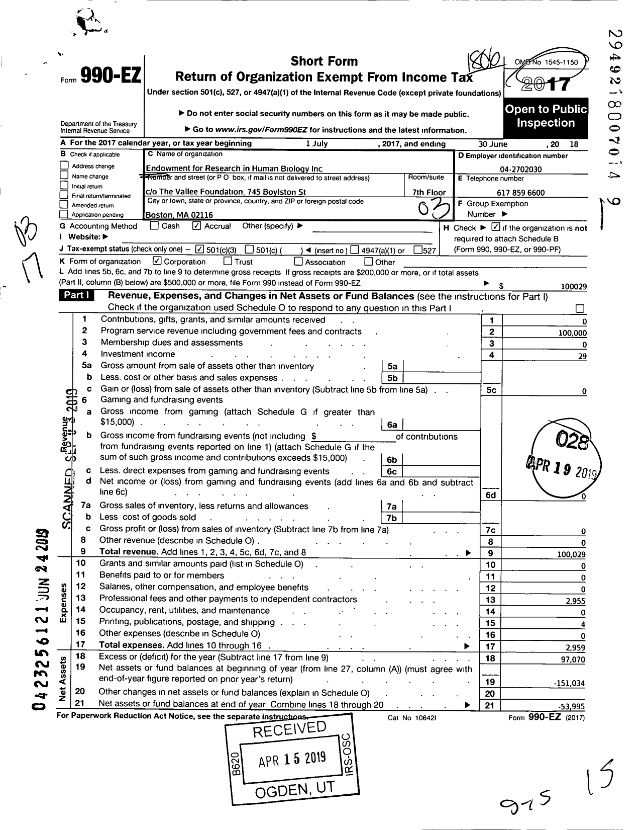 Image of first page of 2017 Form 990EZ for Endowment for Research in Human Biology