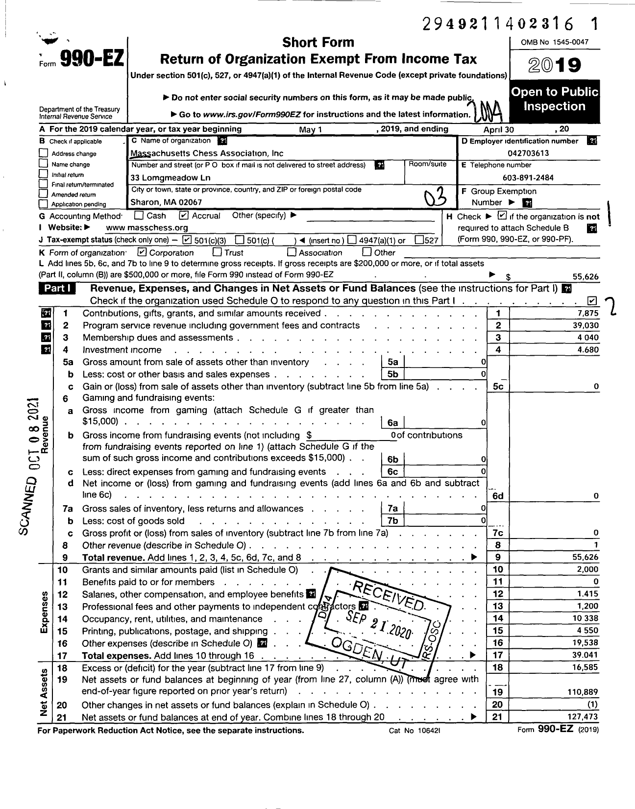 Image of first page of 2019 Form 990EZ for Massachusetts Chess Association (MACA)