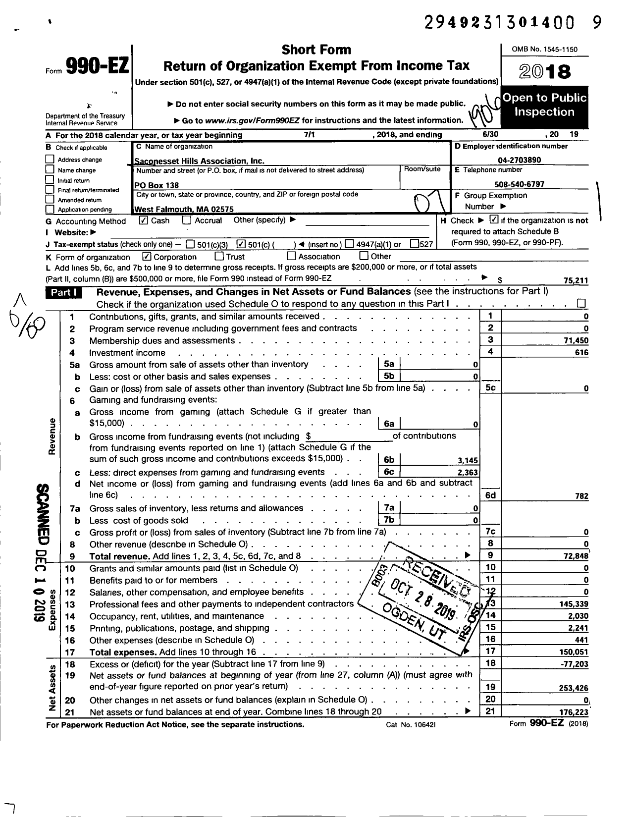 Image of first page of 2018 Form 990EO for Saconesset Hills Association