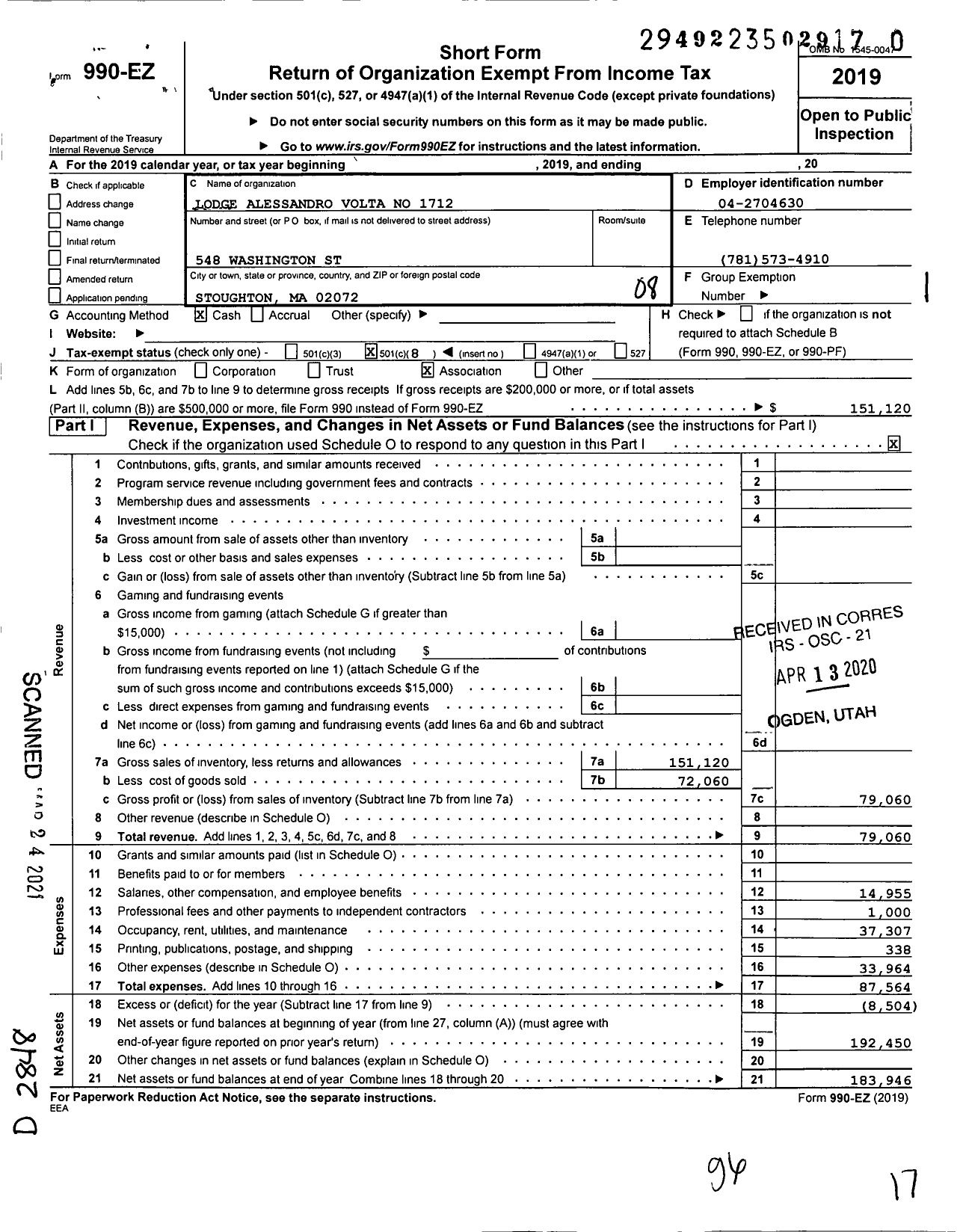 Image of first page of 2019 Form 990EO for Sons of Italy in America 1712 Alessandro Volta