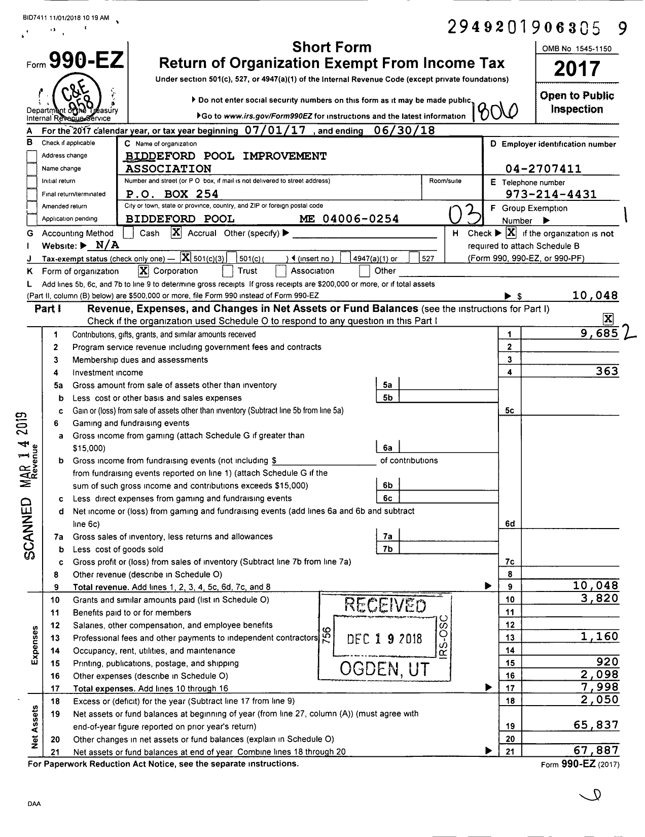 Image of first page of 2017 Form 990EZ for Biddeford Pool Improvement Association