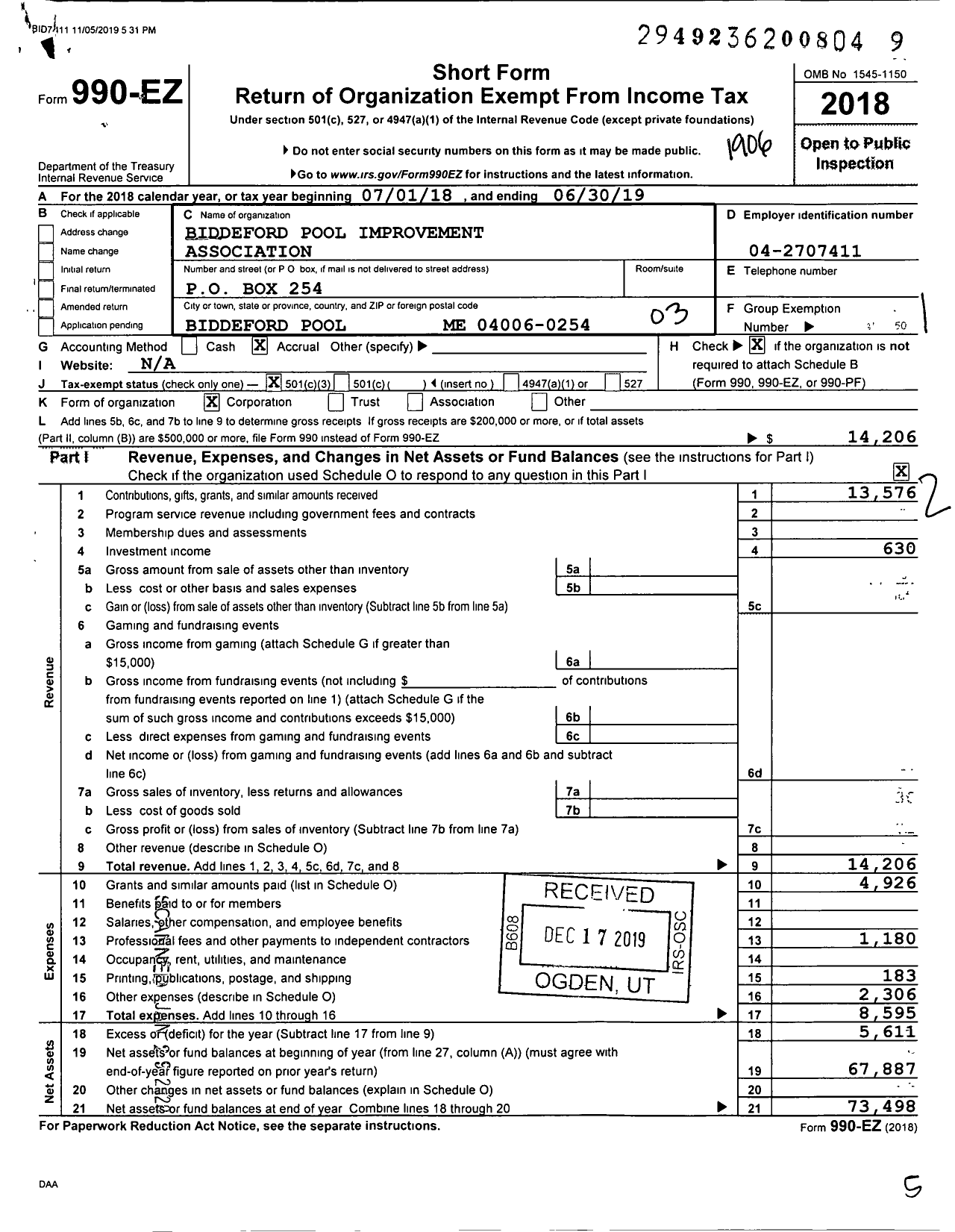 Image of first page of 2018 Form 990EZ for Biddeford Pool Improvement Association