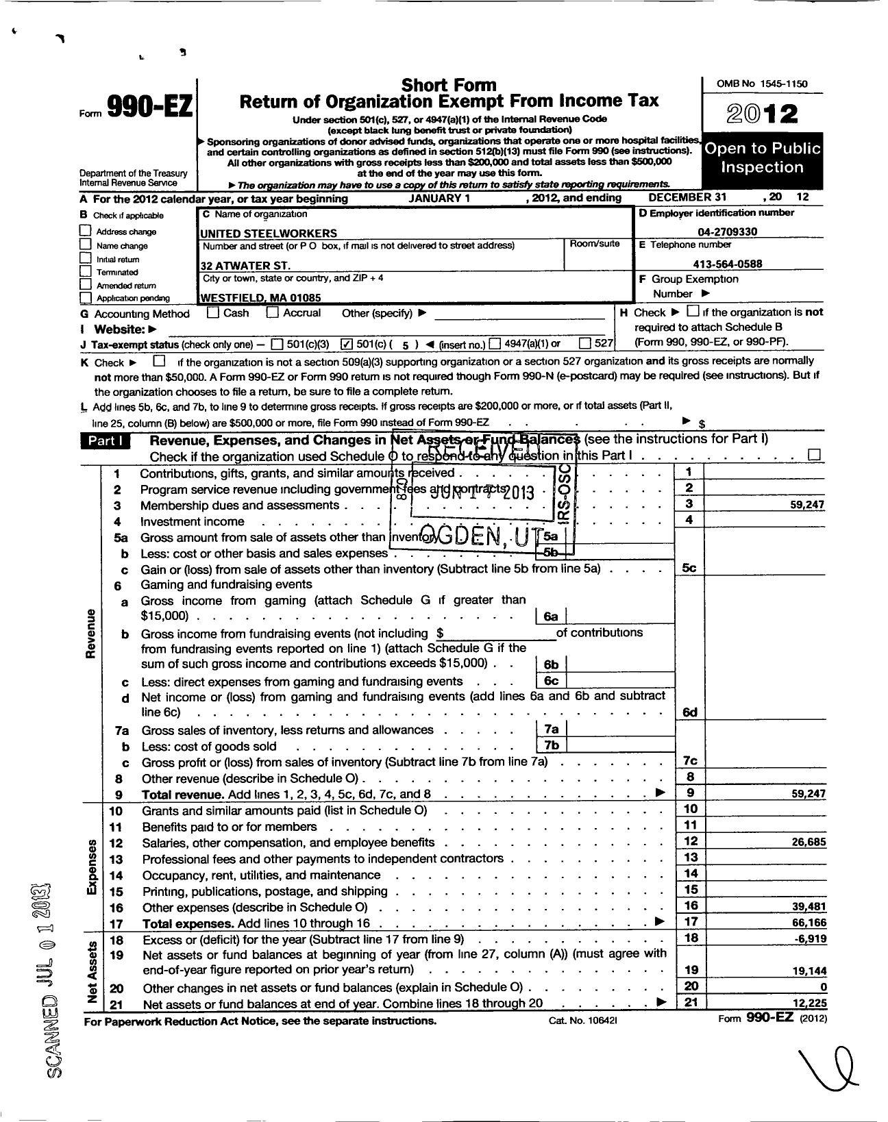 Image of first page of 2012 Form 990EO for United Steelworkers - 4-00513 Local