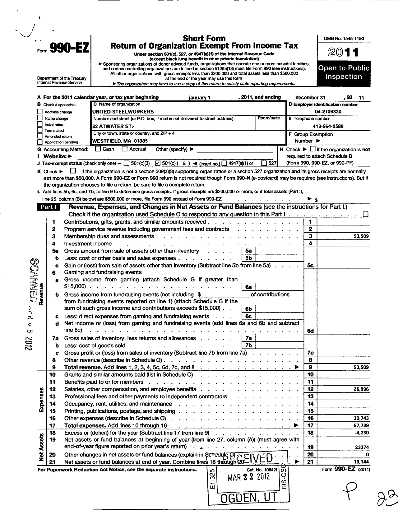 Image of first page of 2011 Form 990EO for United Steelworkers - 4-00513 Local