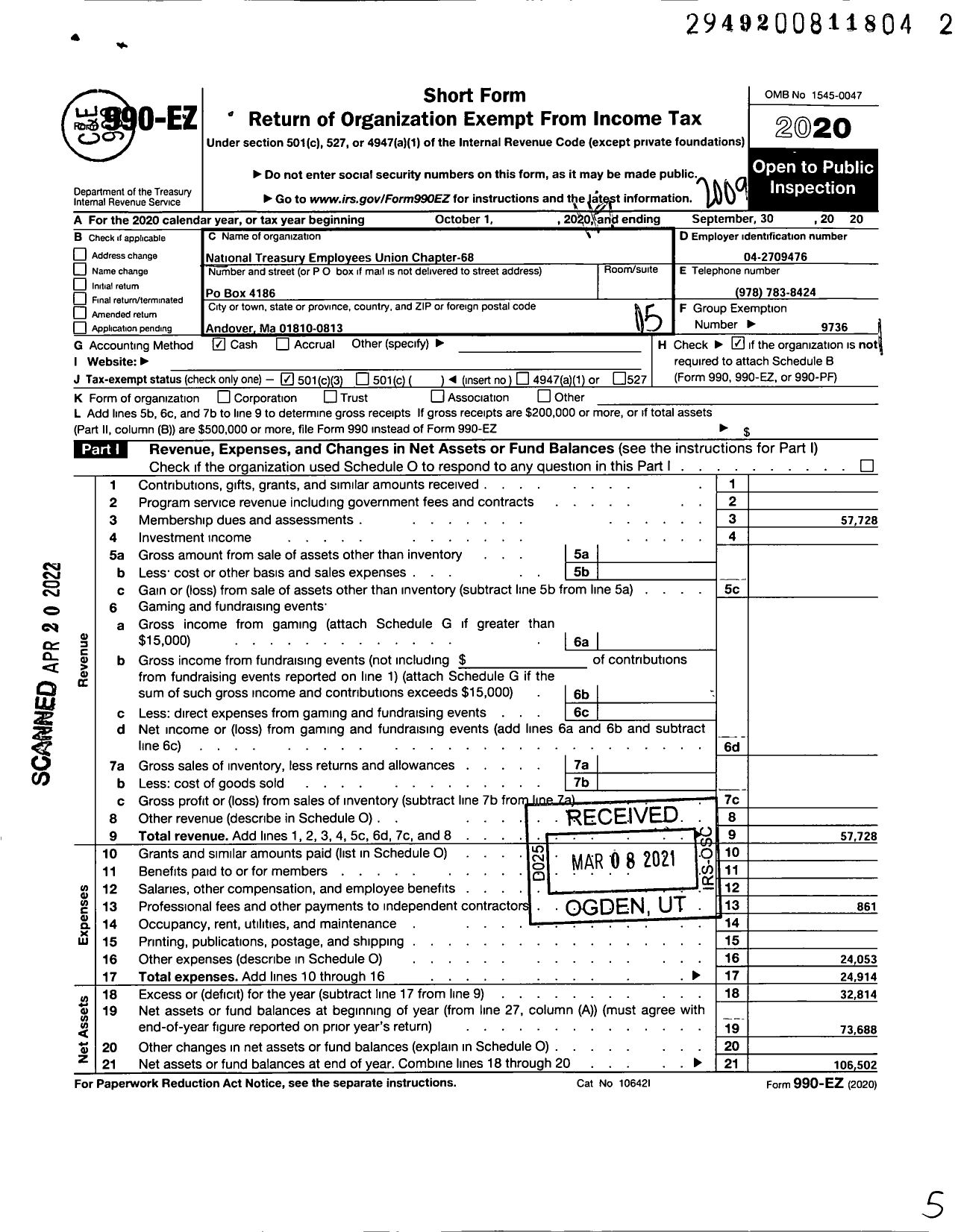 Image of first page of 2019 Form 990EO for NATIONAL TREASURY EMPLOYEES UNION - 68 Nteu Chapter