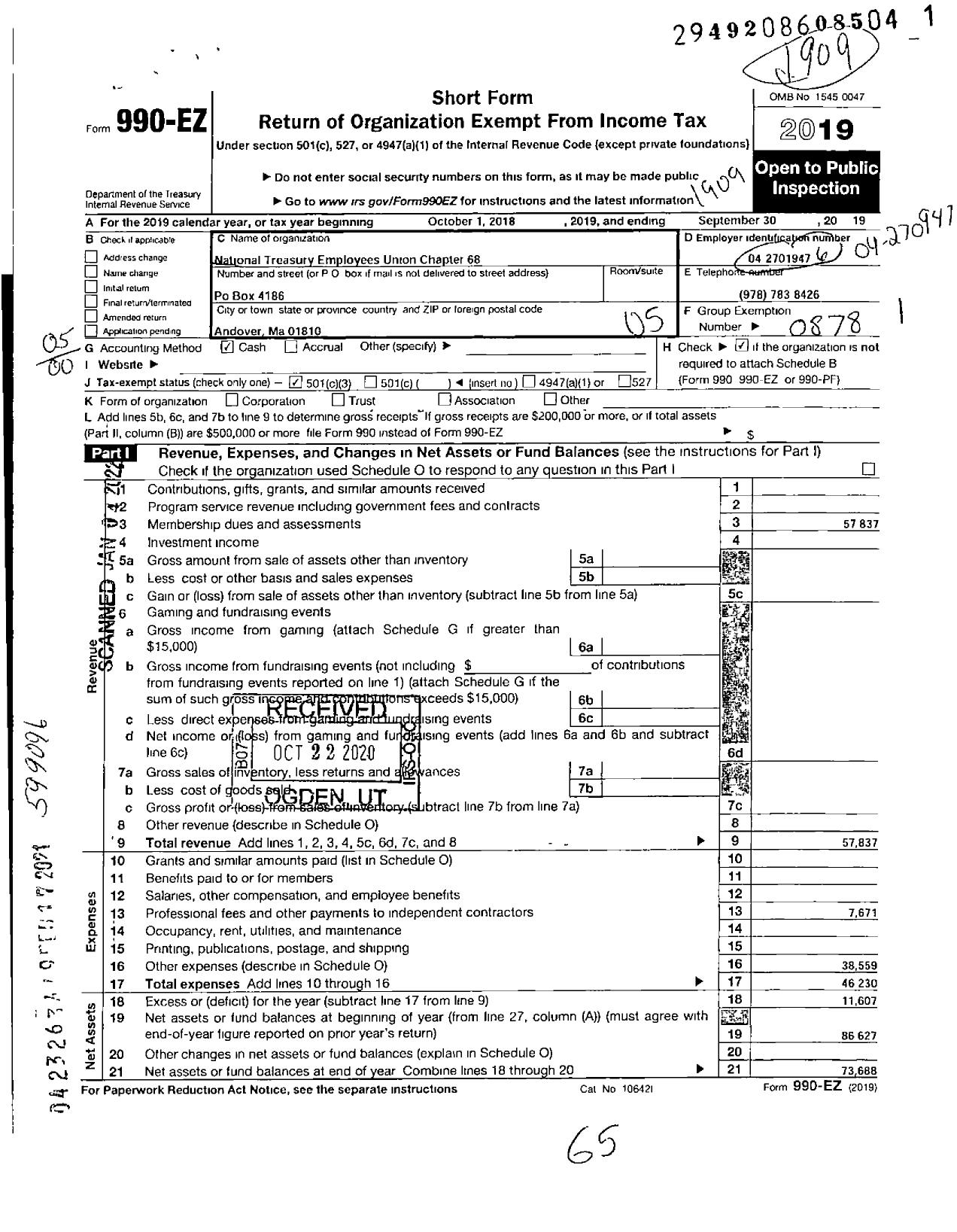 Image of first page of 2018 Form 990EO for NATIONAL TREASURY EMPLOYEES UNION - 68 Nteu Chapter