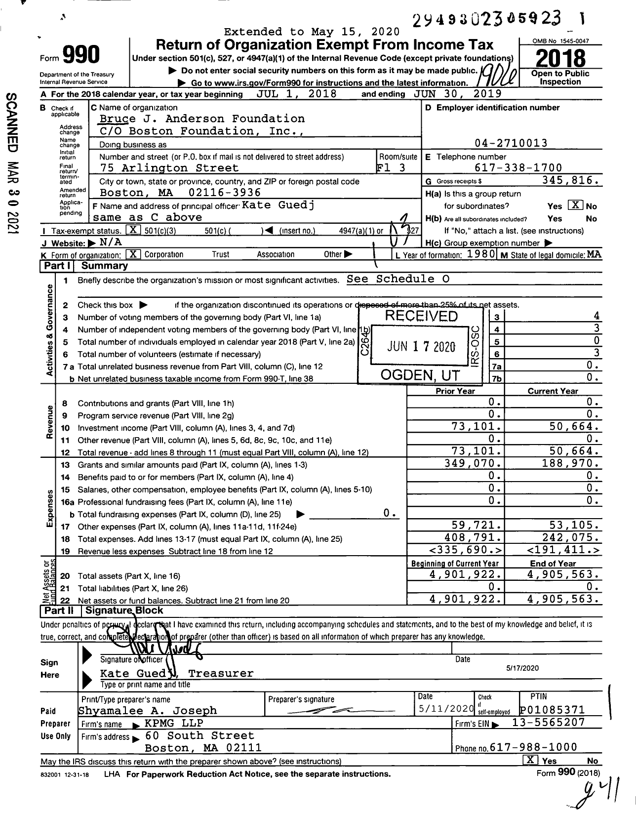 Image of first page of 2018 Form 990 for Bruce J Anderson Foundation