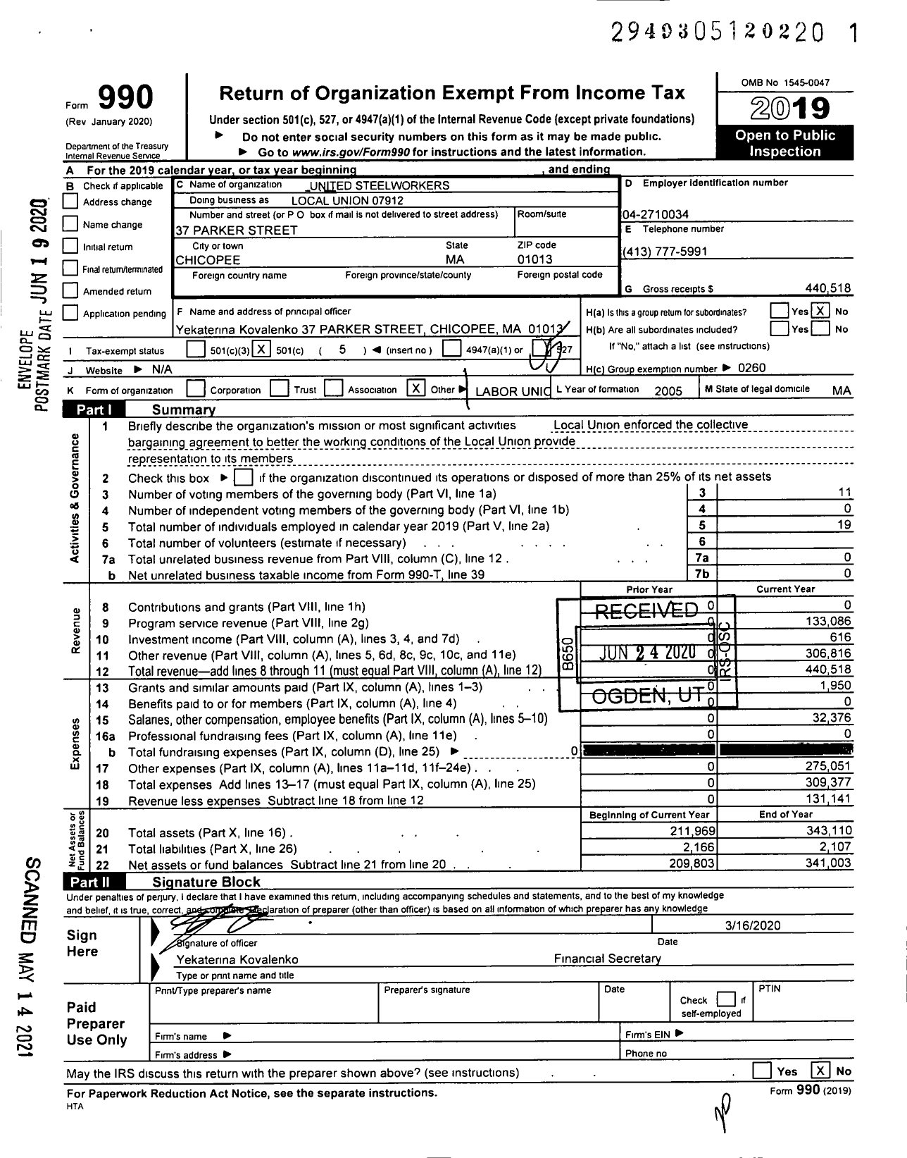 Image of first page of 2019 Form 990O for United Steelworkers - Local Union 07912