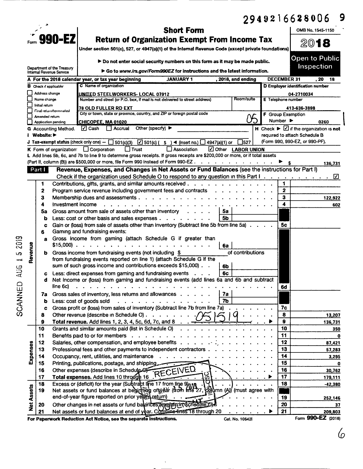 Image of first page of 2018 Form 990EO for United Steelworkers - Local Union 07912