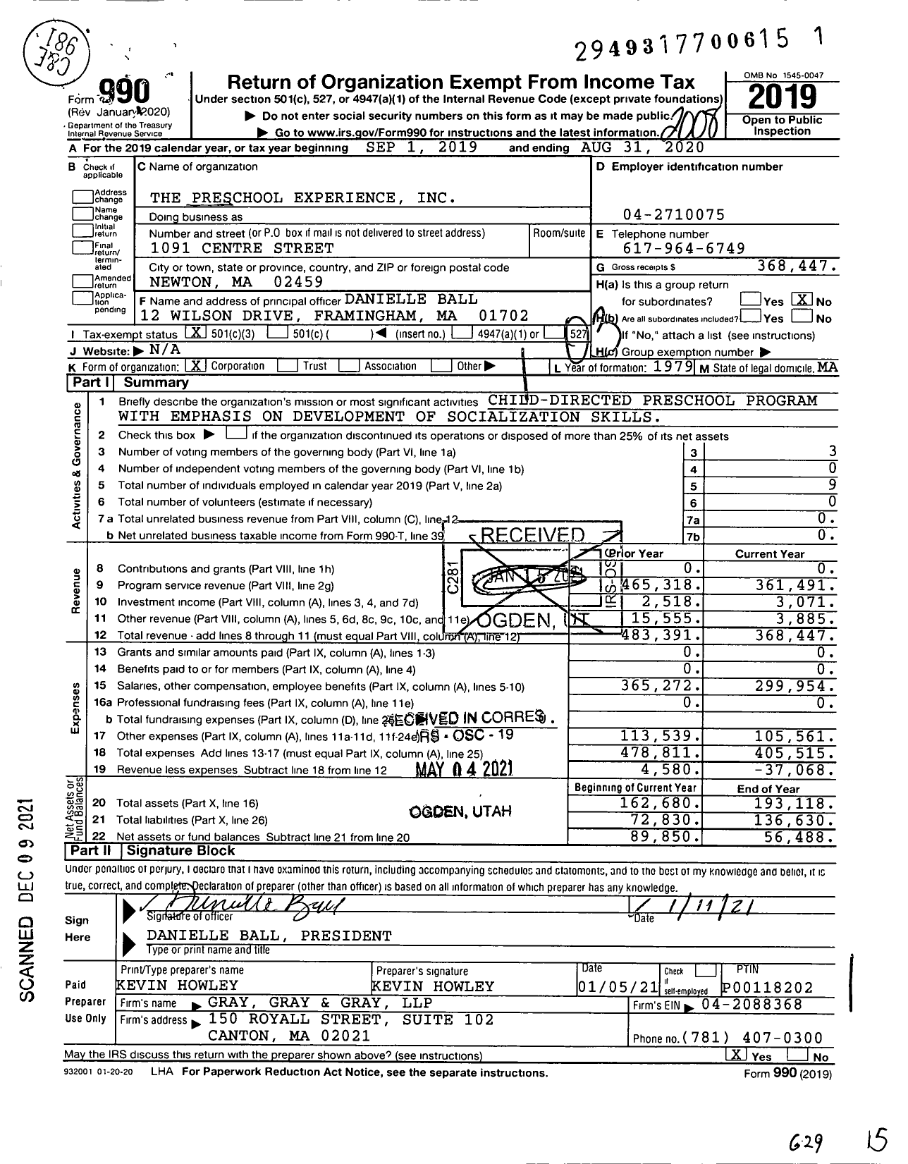 Image of first page of 2019 Form 990 for The Preschool Experience