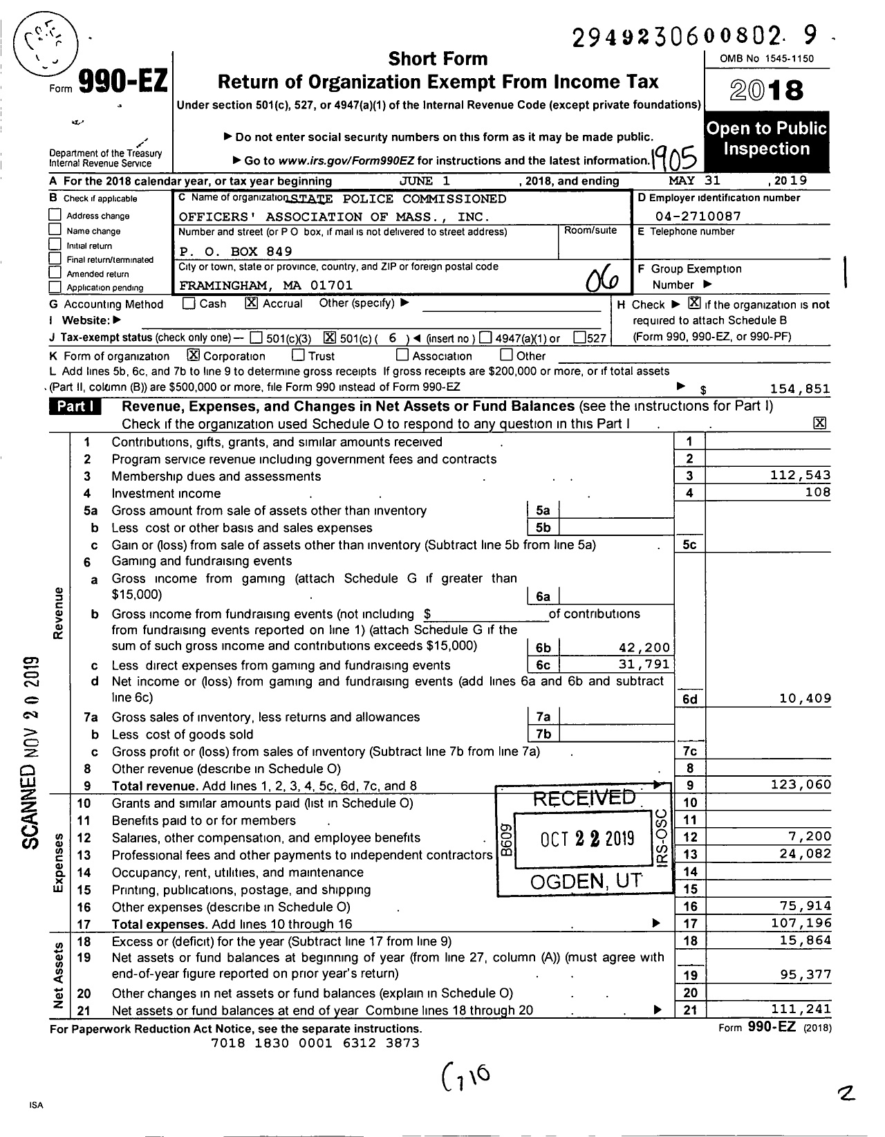 Image of first page of 2018 Form 990EO for State Police Commissioned Officers' Association of Mass