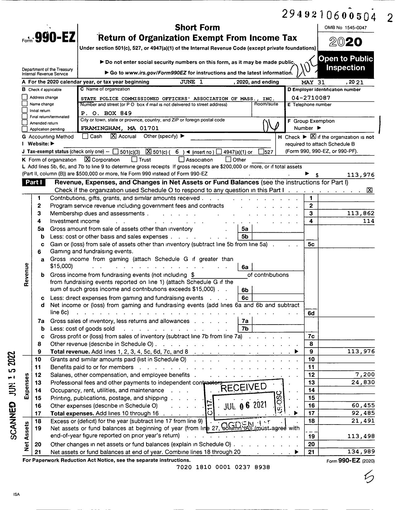 Image of first page of 2020 Form 990EO for State Police Commissioned Officers' Association of Mass