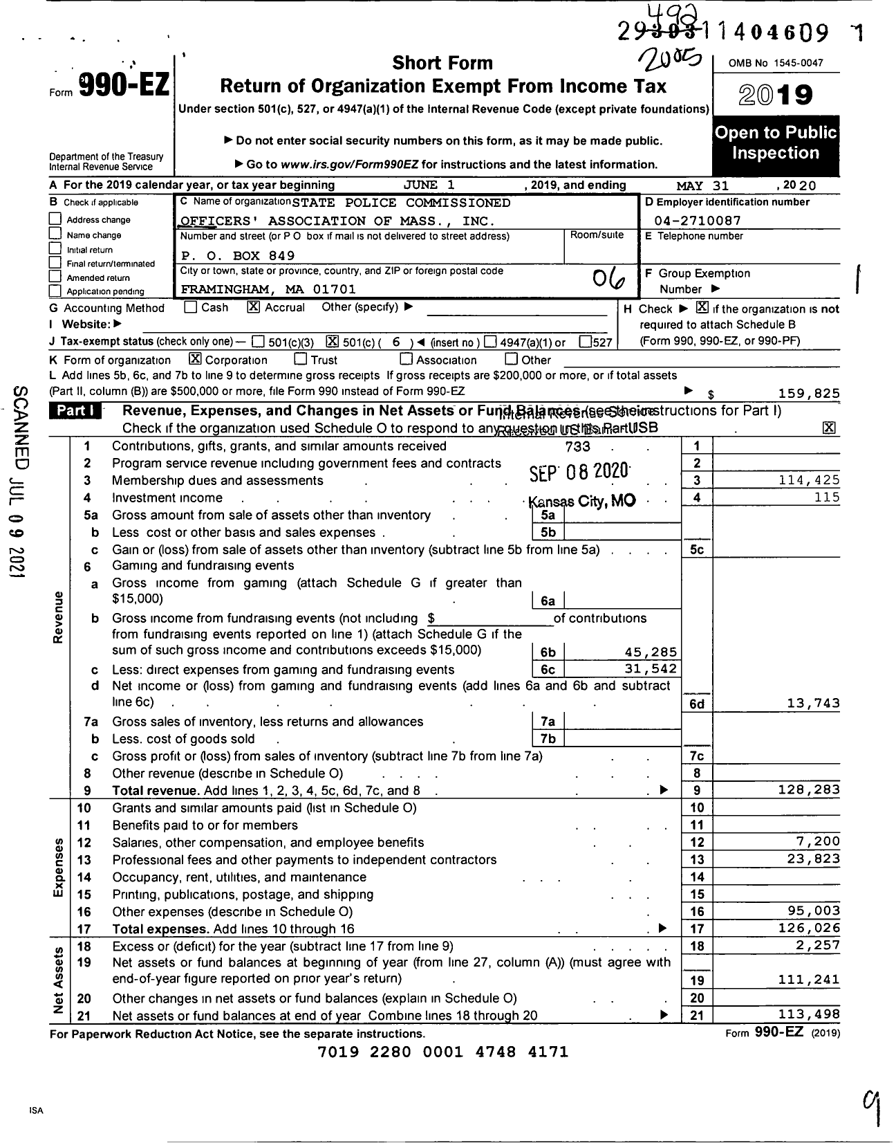 Image of first page of 2019 Form 990EO for State Police Commissioned Officers' Association of Mass