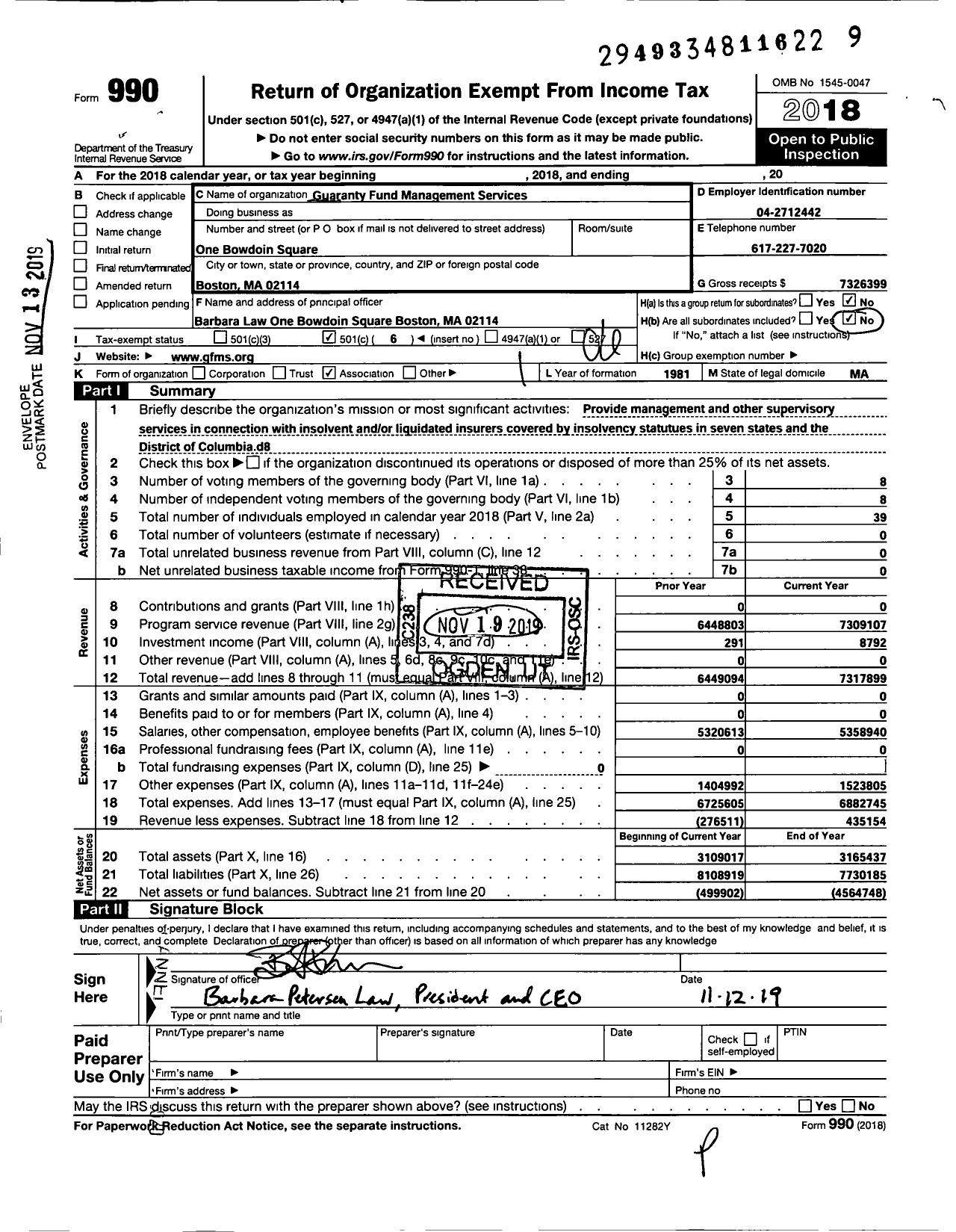 Image of first page of 2018 Form 990O for Guaranty Fund Management Services