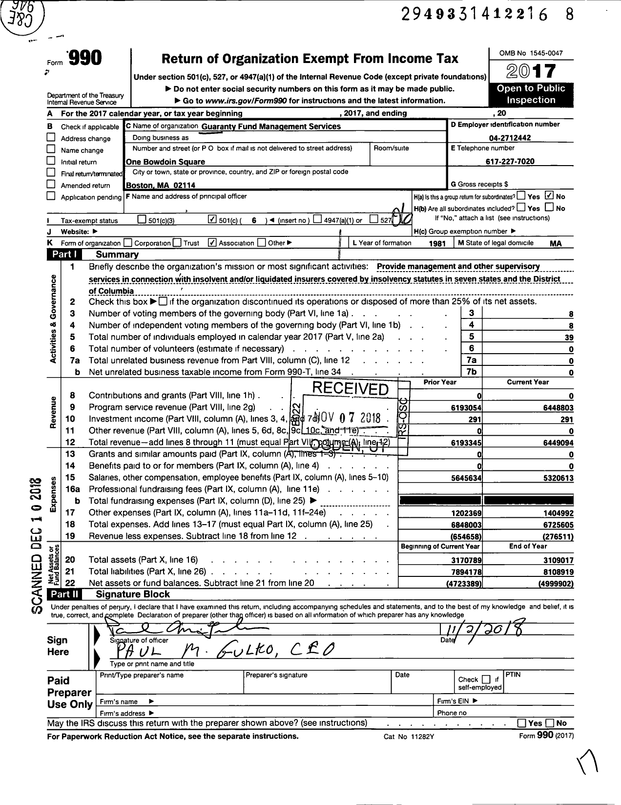 Image of first page of 2017 Form 990O for Guaranty Fund Management Services