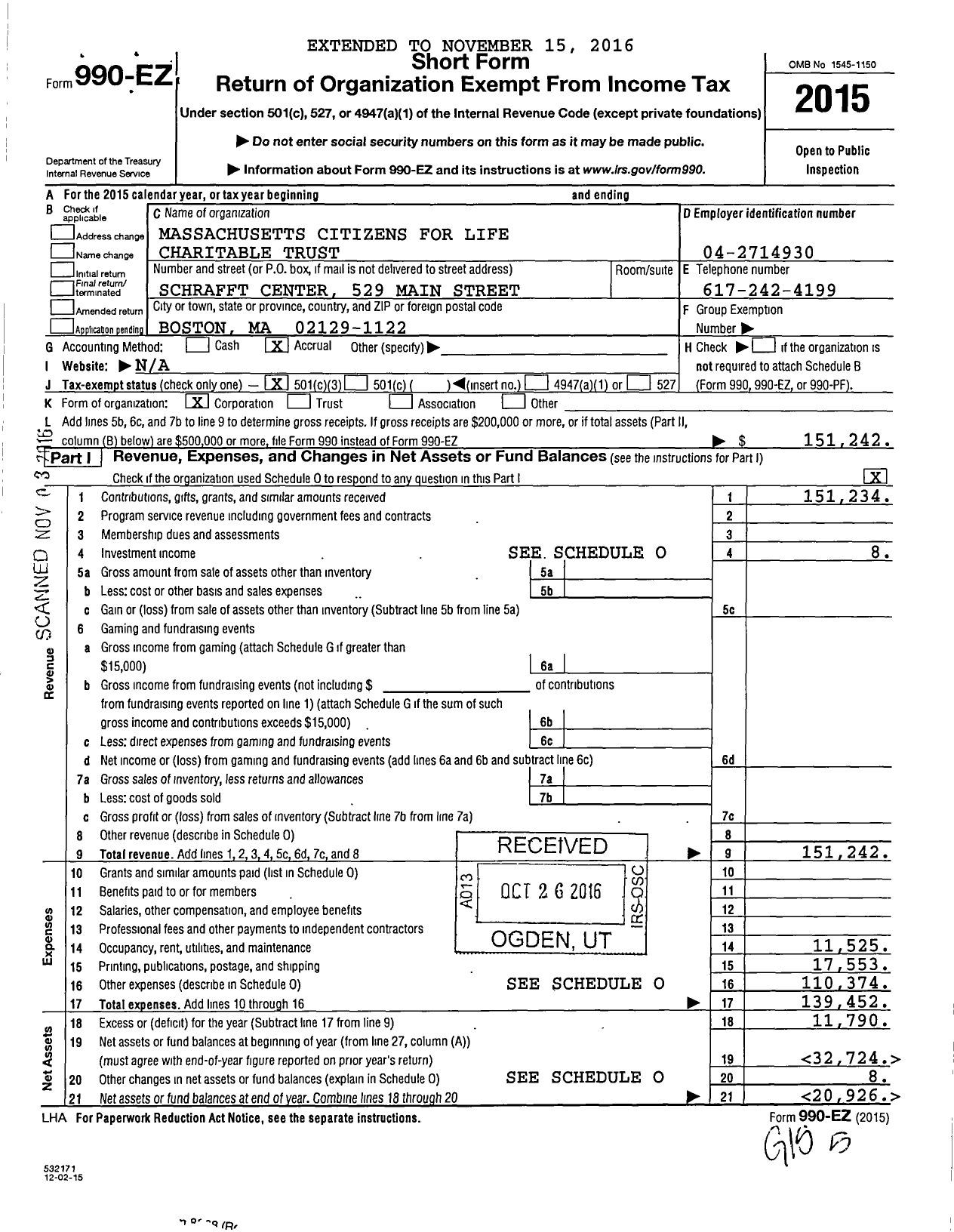 Image of first page of 2015 Form 990EZ for Massachusetts Citizens for Life Charitable Trust
