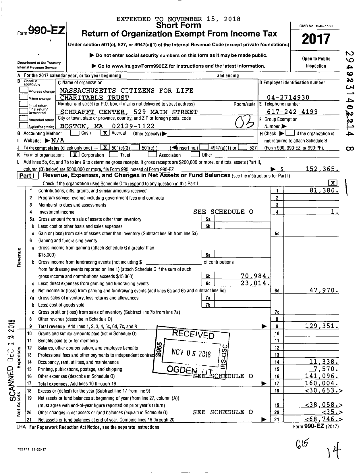 Image of first page of 2017 Form 990EZ for Massachusetts Citizens for Life Charitable Trust