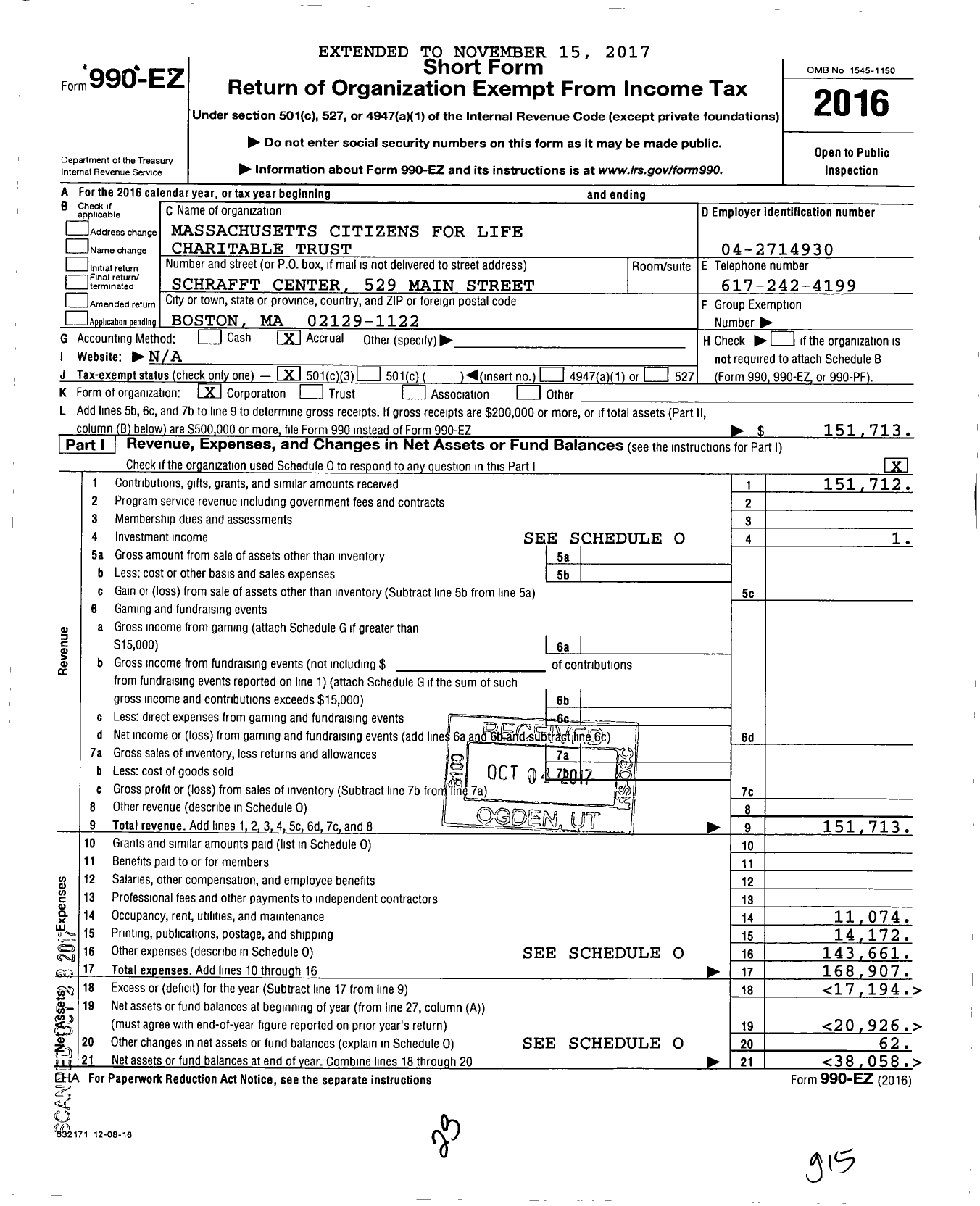 Image of first page of 2016 Form 990EZ for Massachusetts Citizens for Life Charitable Trust