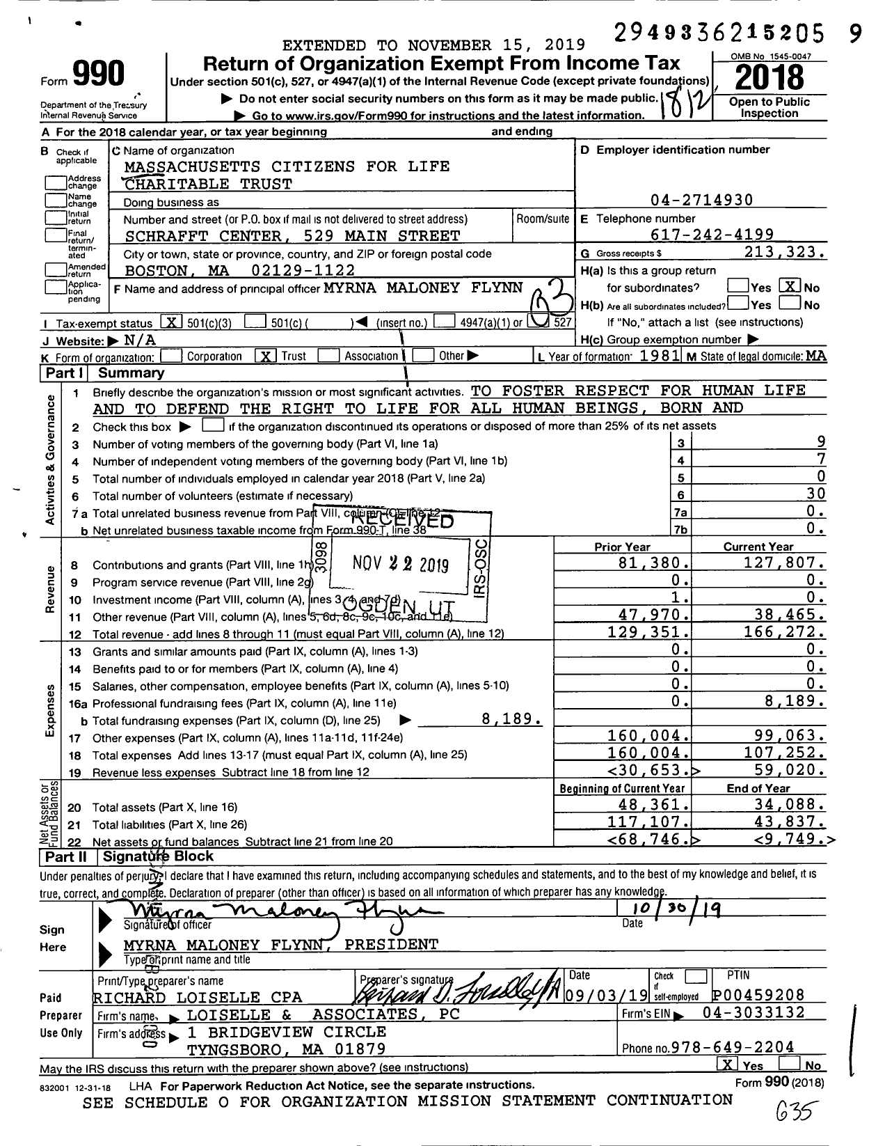 Image of first page of 2018 Form 990 for Massachusetts Citizens for Life Charitable Trust