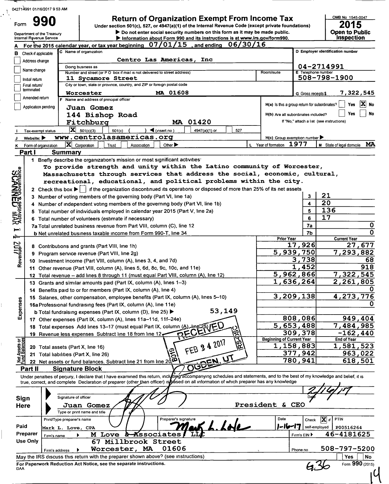 Image of first page of 2015 Form 990 for Centro Las Americas