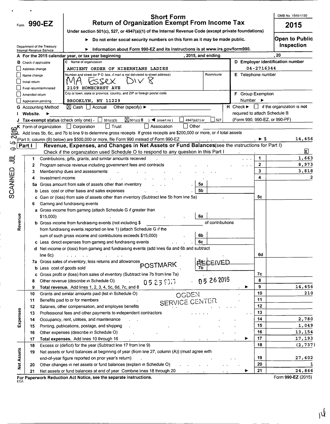 Image of first page of 2015 Form 990EO for Ancient Order of Hibernians Ladies