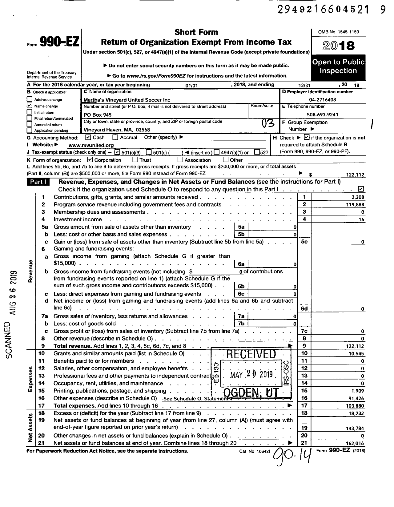 Image of first page of 2018 Form 990EZ for Friends of Vineyard Soccer