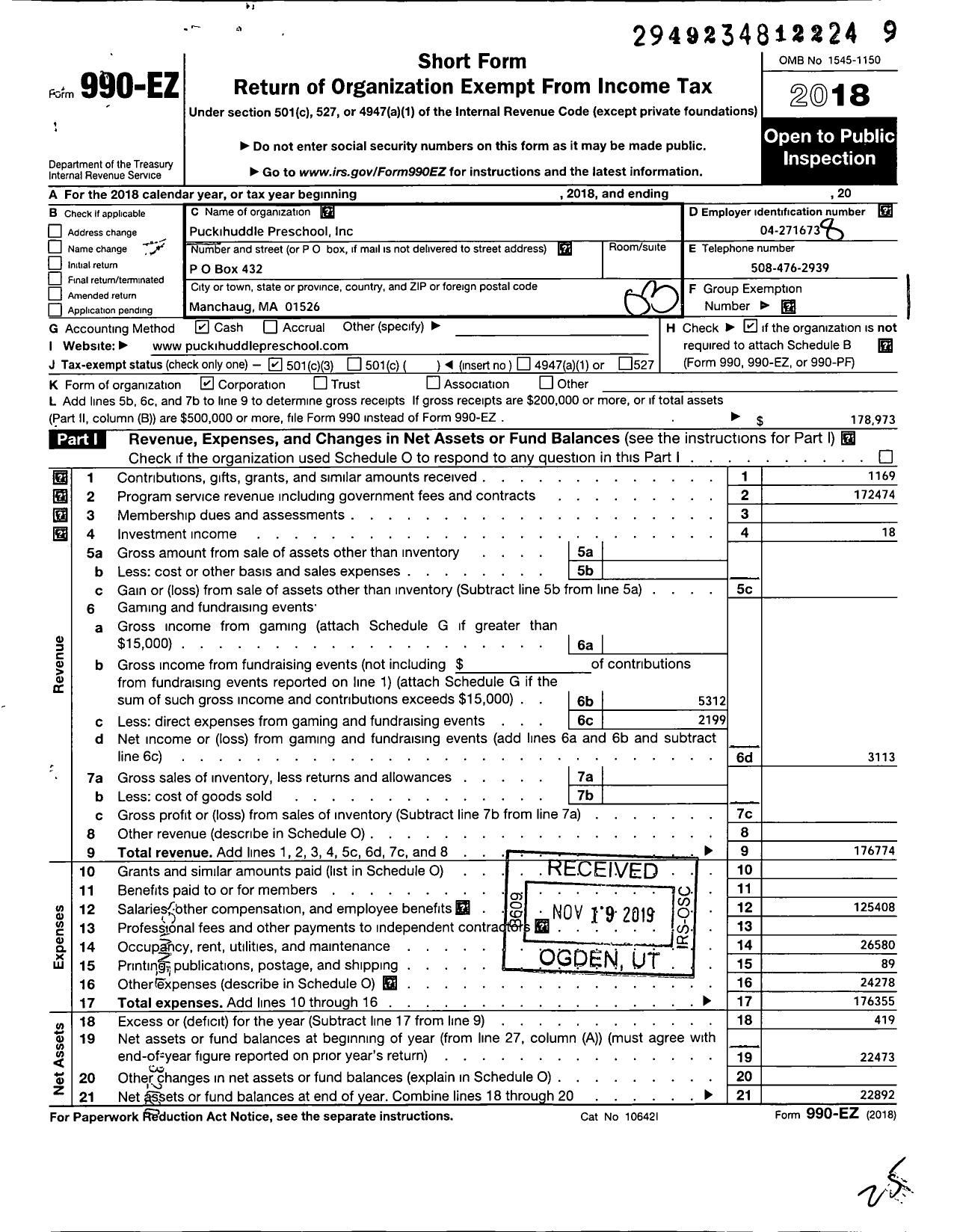 Image of first page of 2018 Form 990EZ for Puckihuddle Preschool