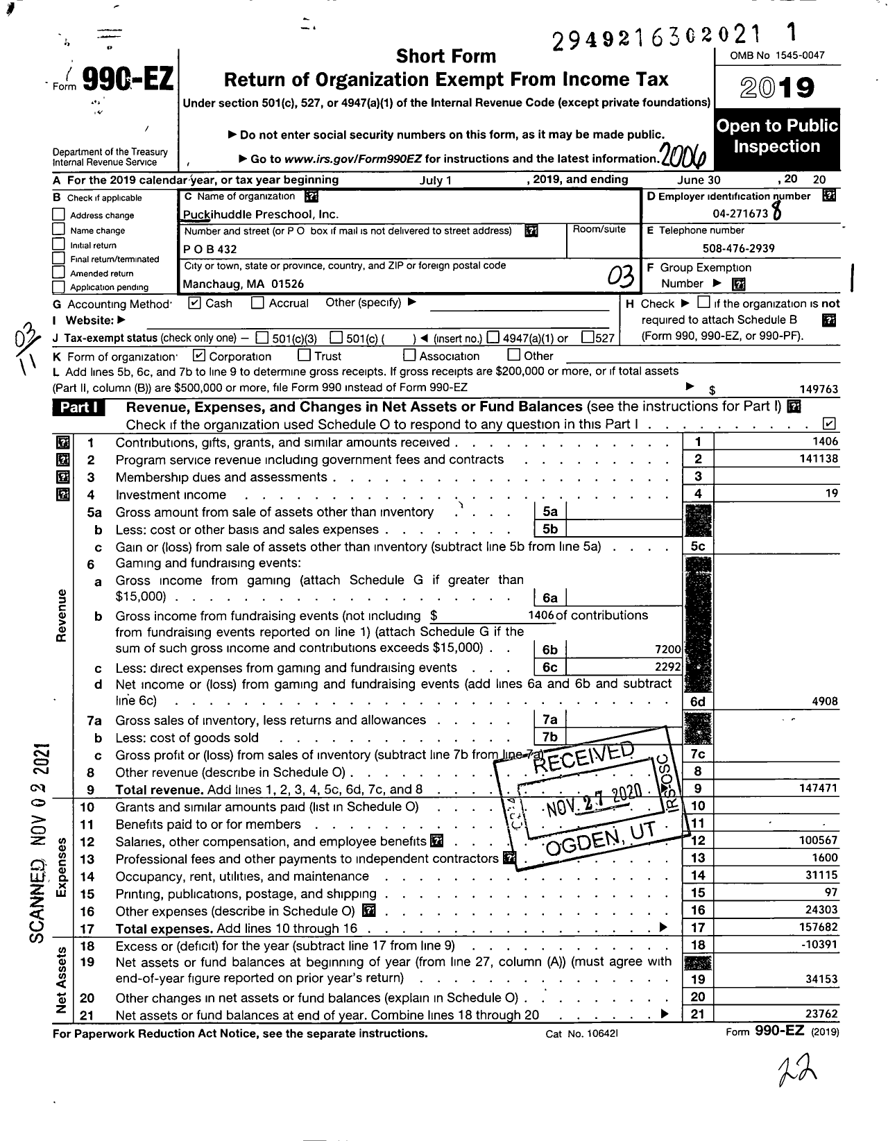 Image of first page of 2019 Form 990EZ for Puckihuddle Preschool