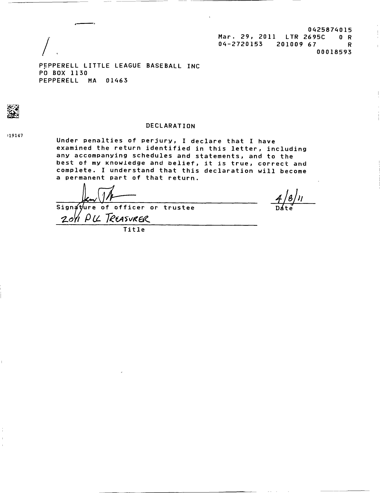 Image of first page of 2009 Form 990EOR for Pepperell Youth Baseball League