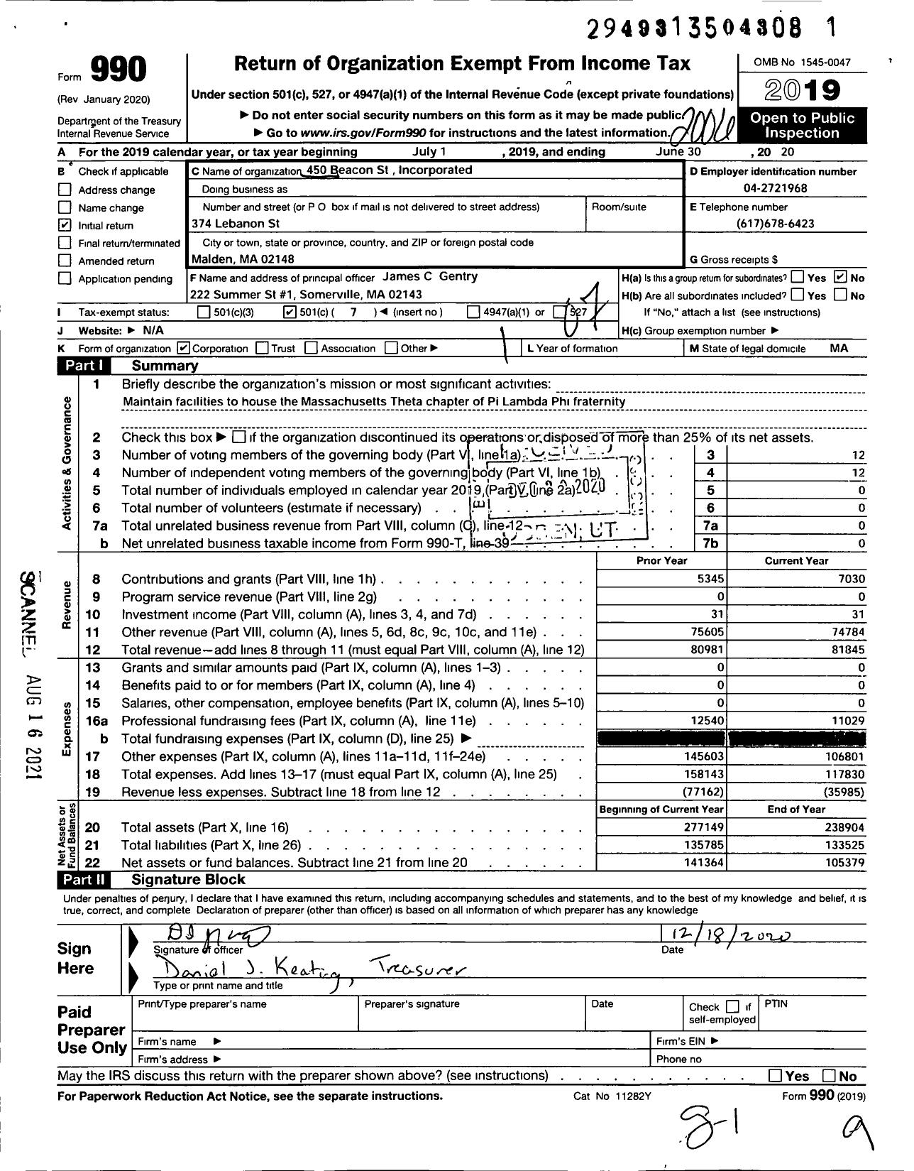 Image of first page of 2019 Form 990O for Pi Lambda Phi Fraternity - 450 Beacon Street