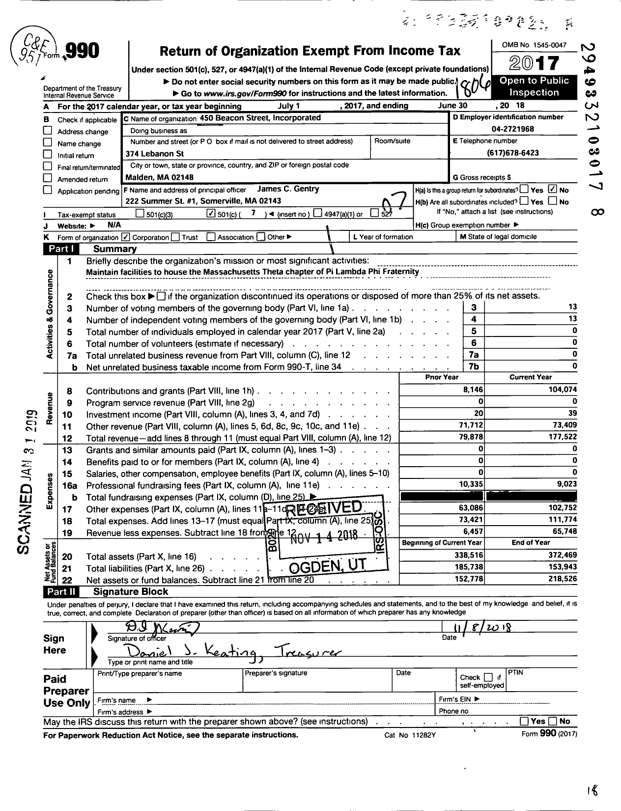 Image of first page of 2017 Form 990O for Pi Lambda Phi Fraternity - 450 Beacon Street