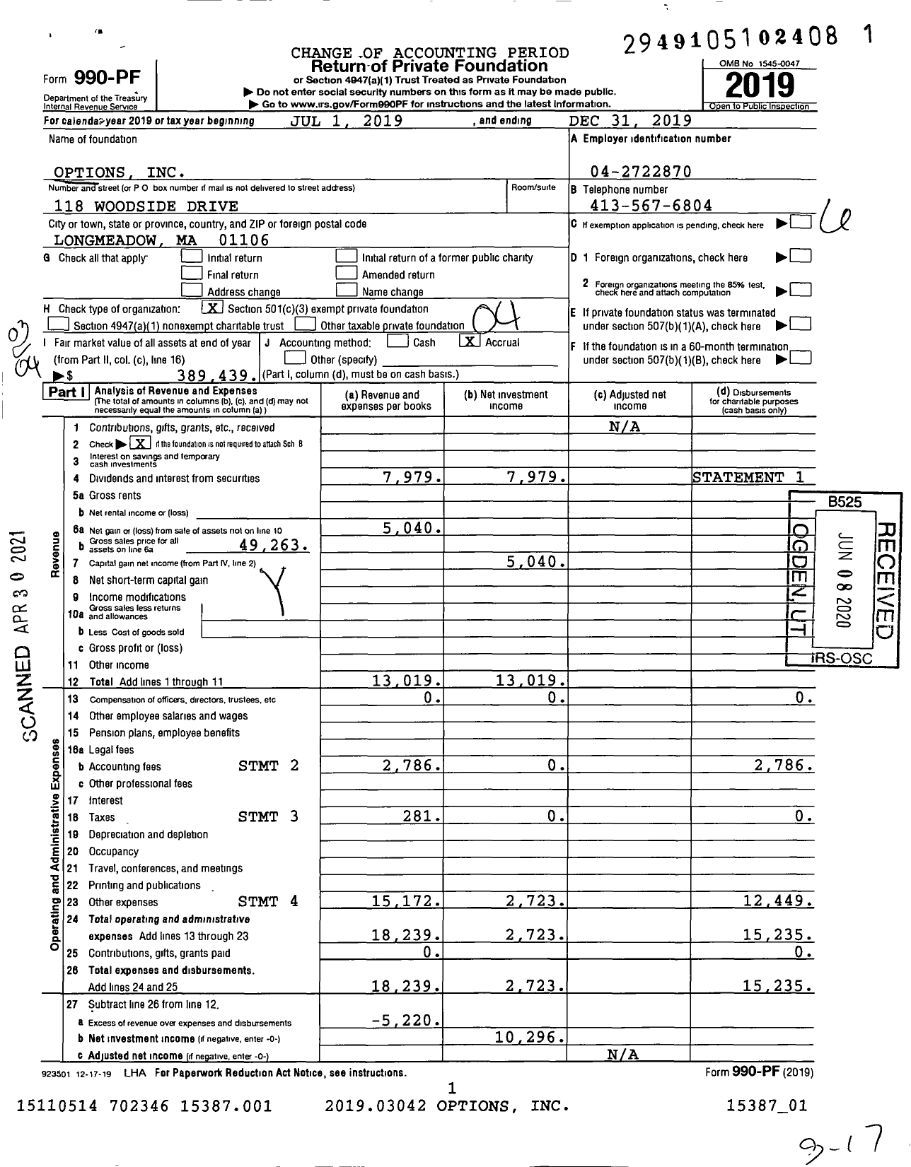 Image of first page of 2019 Form 990PF for Options