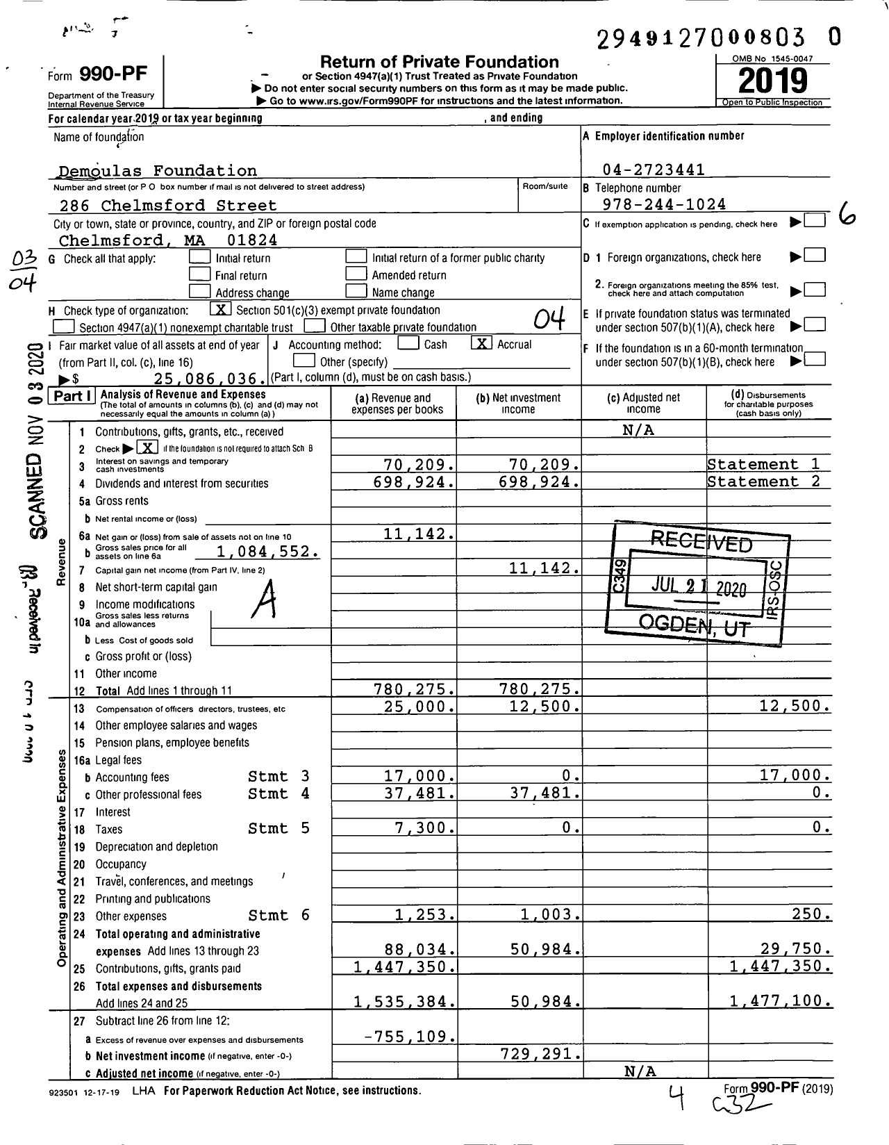 Image of first page of 2019 Form 990PF for Demoulas Foundation