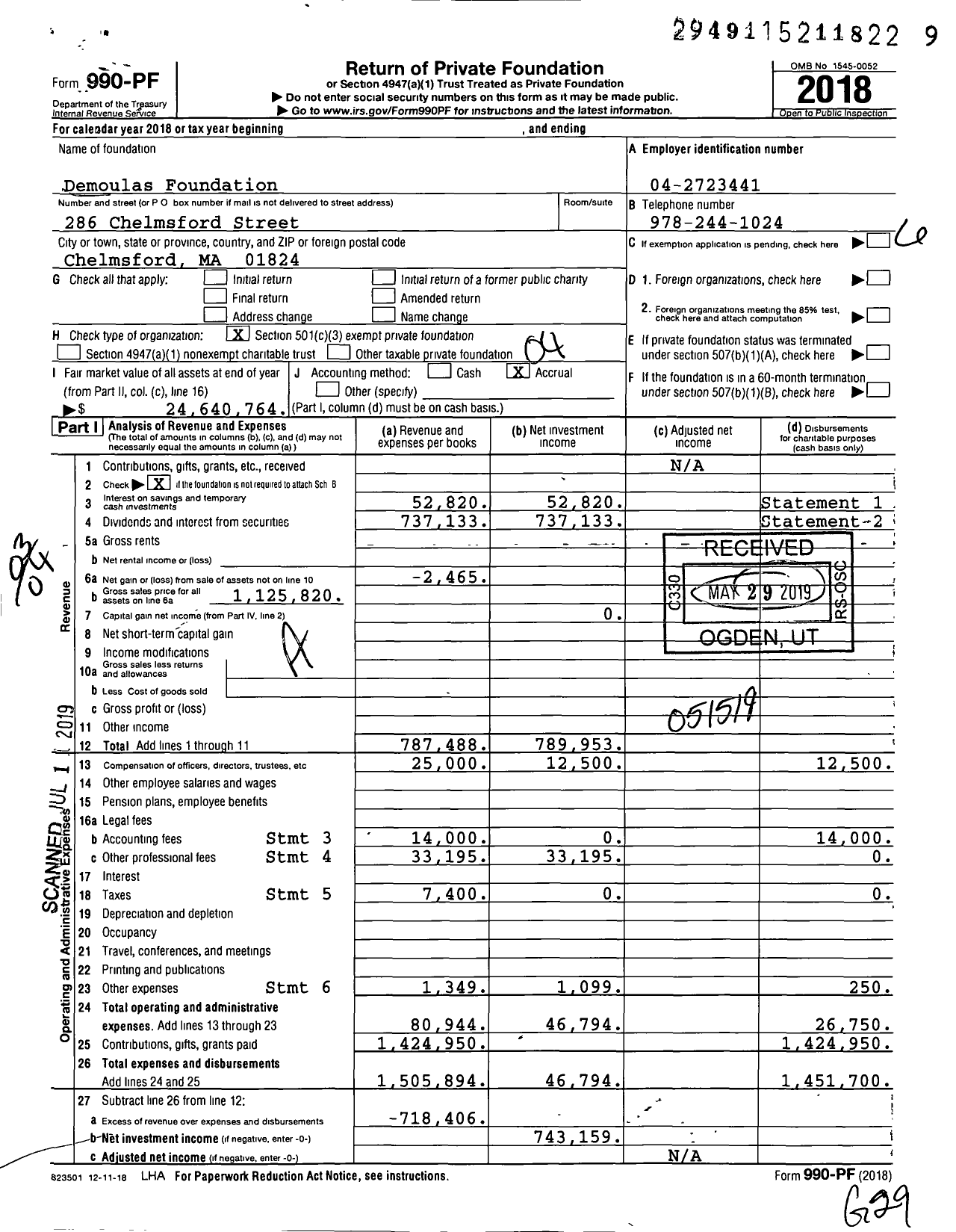 Image of first page of 2018 Form 990PF for Demoulas Foundation